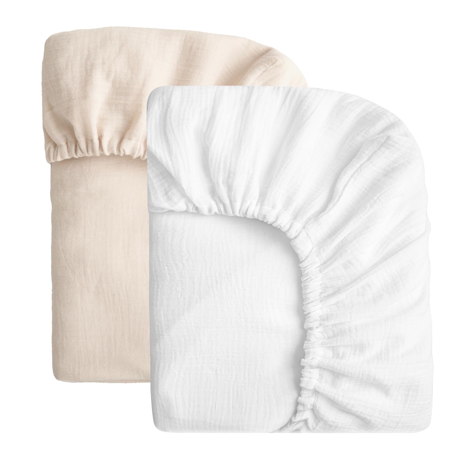 SOULFUL Muslin Crib Sheets for Boys Girls, 2 Pack Soft and Breathable Cotton Fitted Crib Sheets for Standard Crib Mattress (28"x 52", White &amp; Beige)