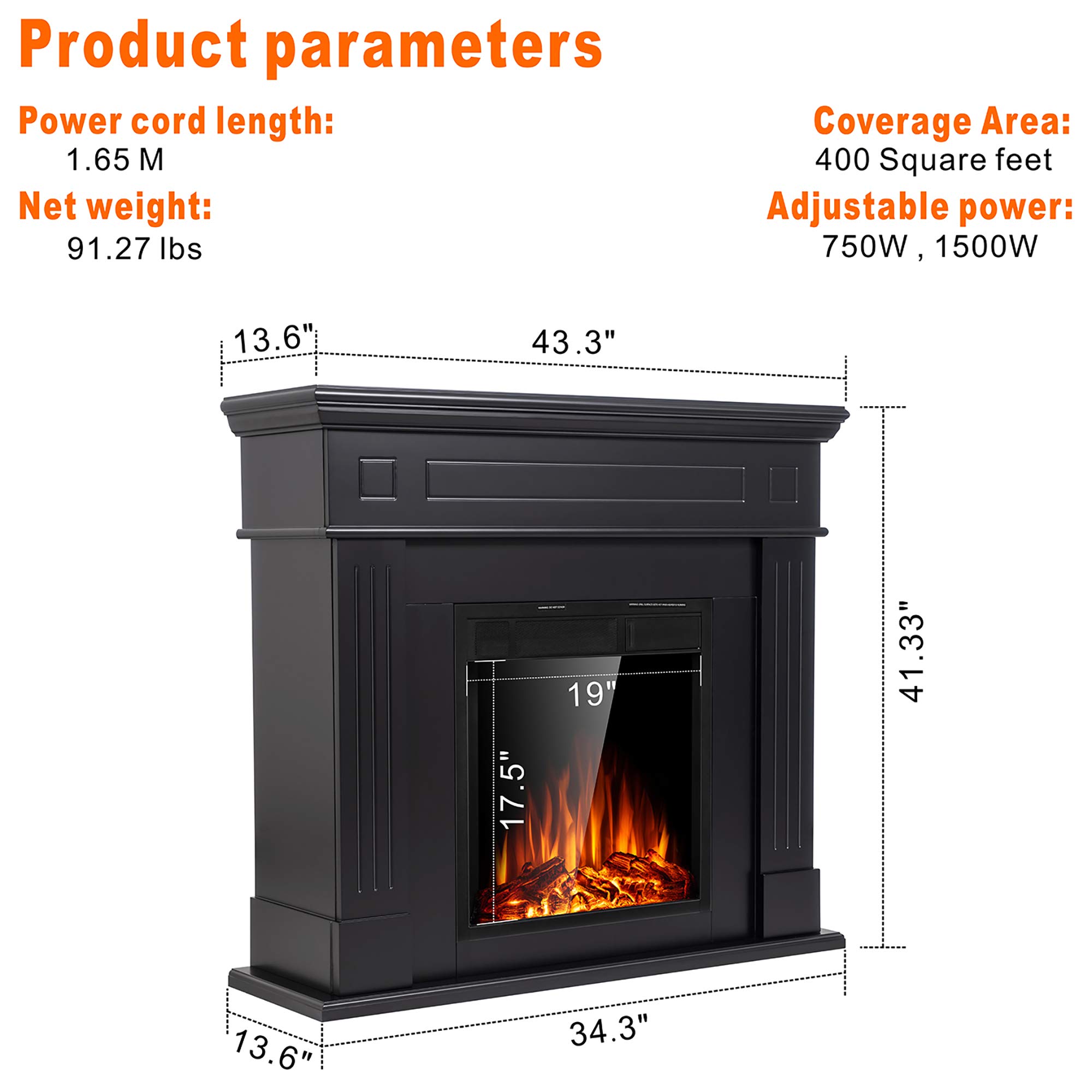 JAMFLY Electric Fireplace Mantel Package Wooden Surround Firebox TV