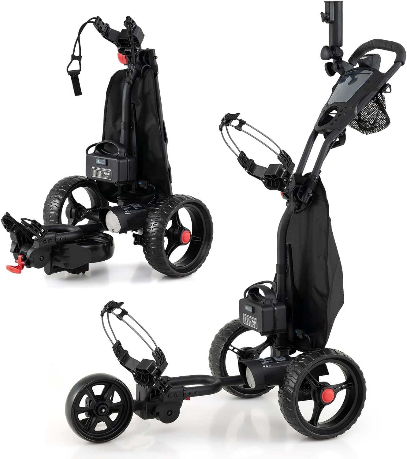 Tangkula Electric Golf Push Cart, Foldable 3 Wheels Golf Cart with Adjustable Handle & 9 Speed Settings, 18 Hole Battery, Umbrella Holder, Drink Holder, Scorecard Holder, Cooler Bag & USB Port, Black