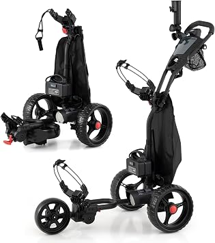 Tangkula Electric Golf Push Cart, Foldable 3 Wheels Golf Cart with Adjustable Handle & 9 Speed Settings, 18 Hole Battery, Umbrella Holder, Drink Holder, Scorecard Holder, Cooler Bag & USB Port, Black