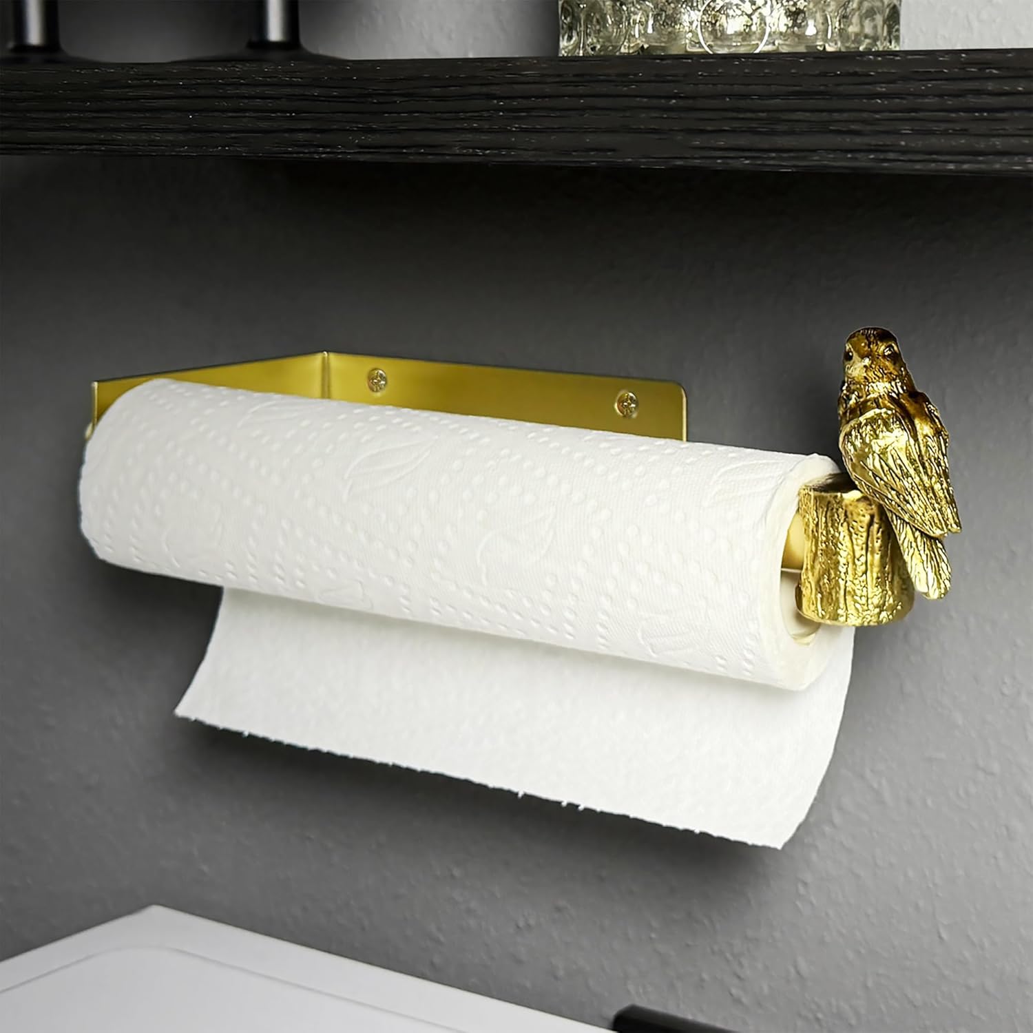 Paper Towel Holder with Bird Design Finial for Kitchen, Bathroom, Wall Mounted, Gold, Two Adjustable Lengths Available