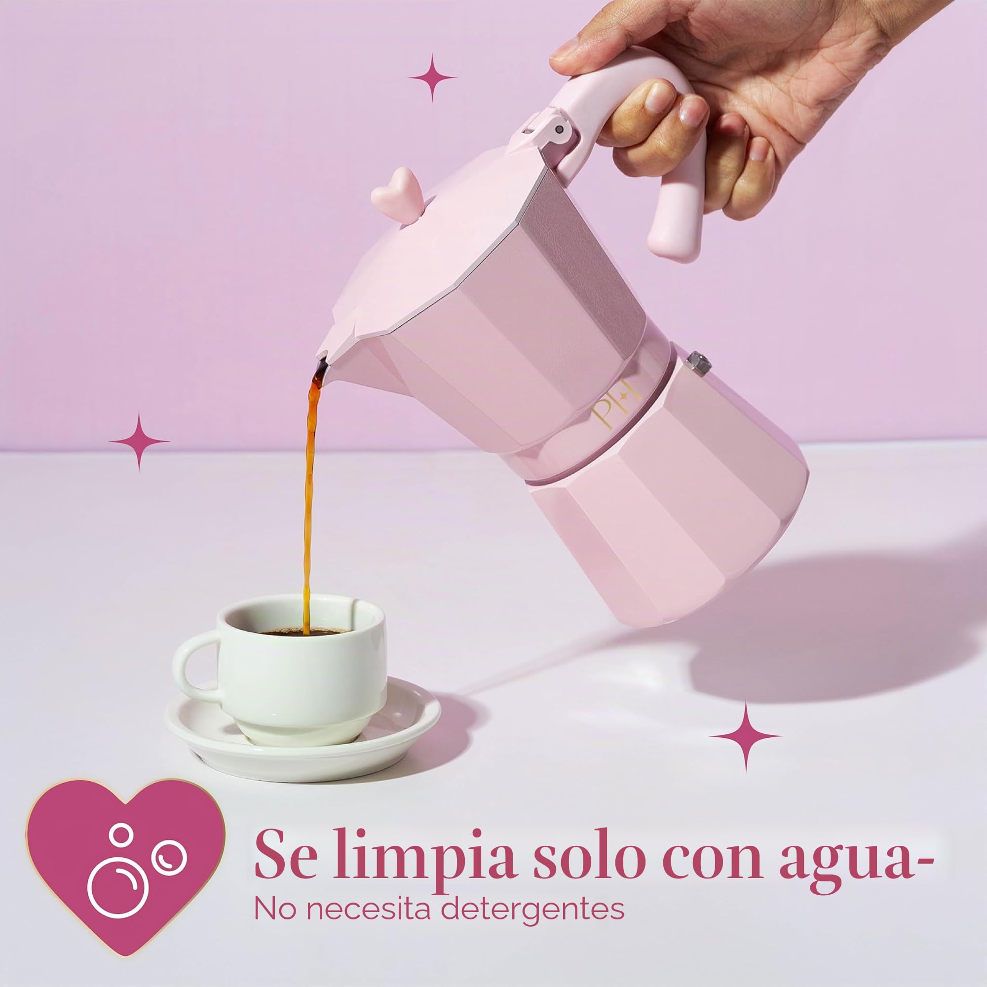 Paris Hilton Cafetera espresso y cafetera estilo italiano y cubano con perilla icónica de corazón, perfecta para expreso aromático rico, hace hasta 6 tazas de espresso, color rosa