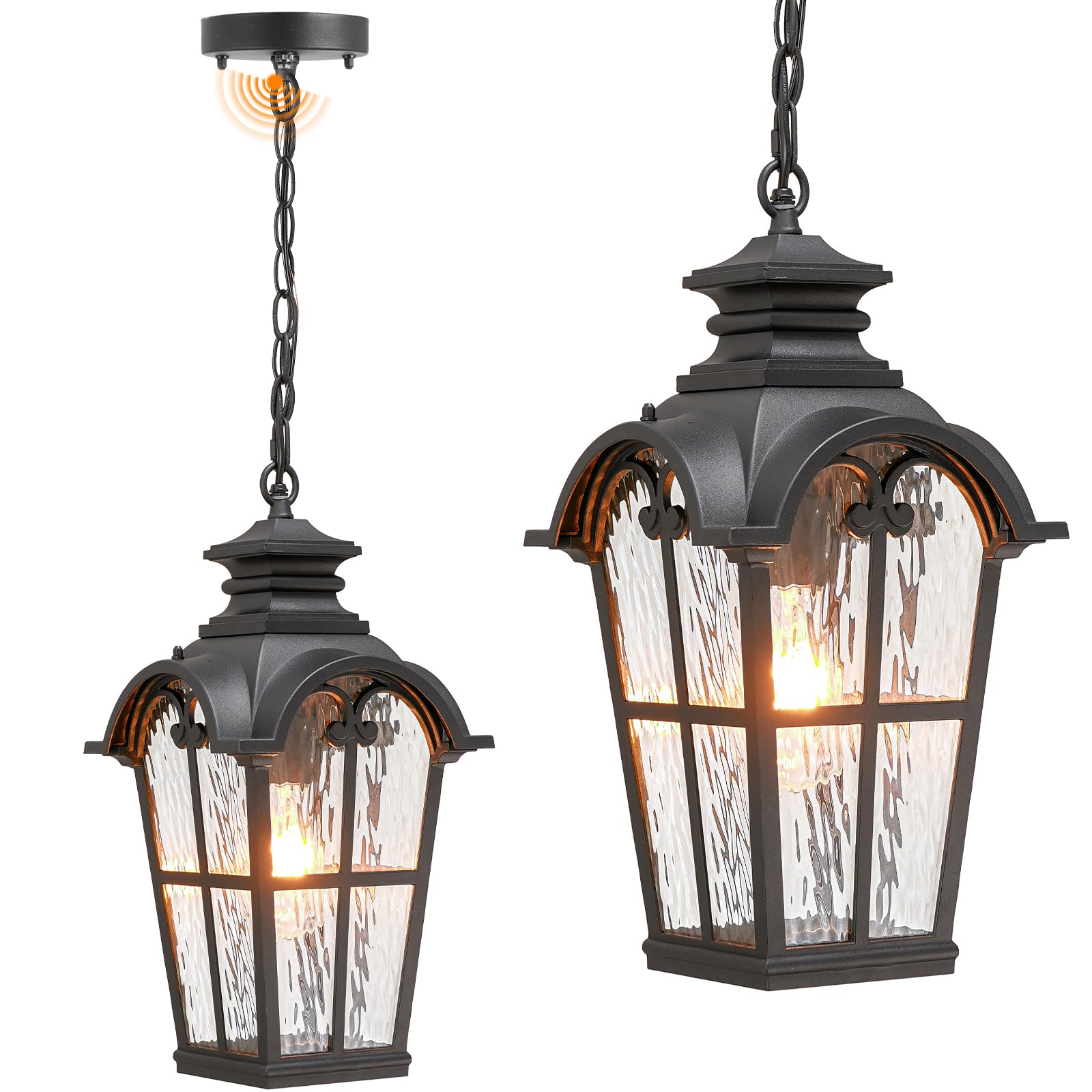 Waterproof Outdoor Pendant Light for Porch 18.5 Inch Large Hanging Porch Lights with Adjustable Chain Dusk to Dawn Aluminum Outdoor Hanging Light Fixture with Water Ripple Glass E26 Socket