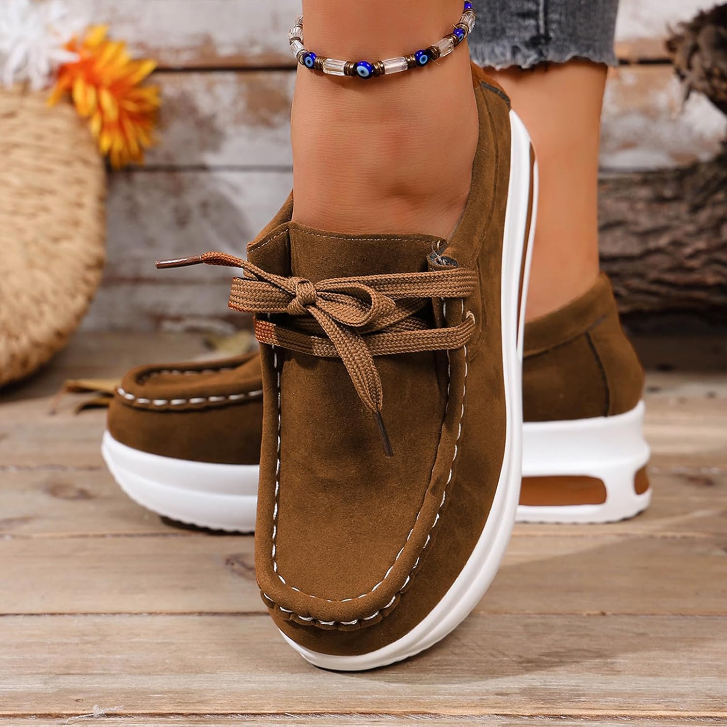 Women's Orthopedic Platform Loafers, Suede Lace-Up Moccasins Ladies Slip-On Platform Loafers Comfortable Walking Trainers