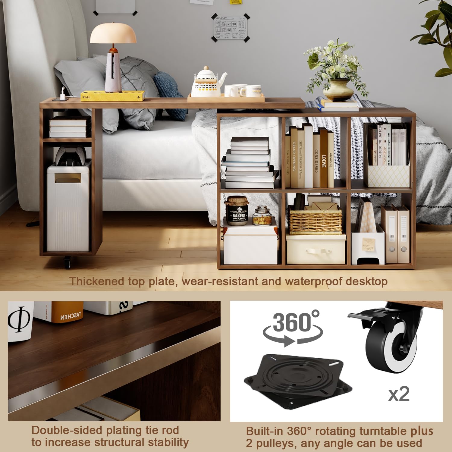 L-Shaped Desk with Storage–Small Study Table with Charging Station, Rotating Writing Desk & Corner Computer Desk for Home Office, 67” Long Bed Side Table（Oak）