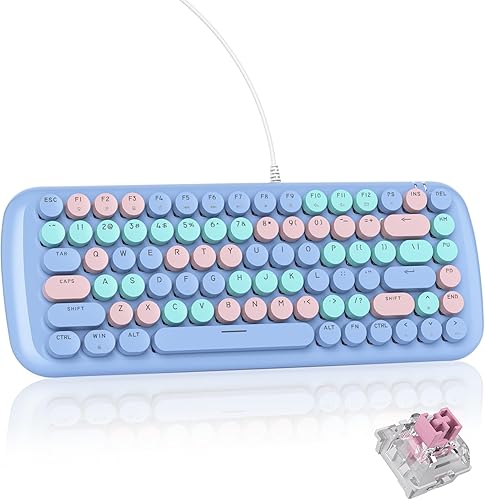 Teclado mecánico colorido azul para juegos, teclado estético con retroiluminación blanca, 84 teclas, lindo teclado retro para computadora con cable