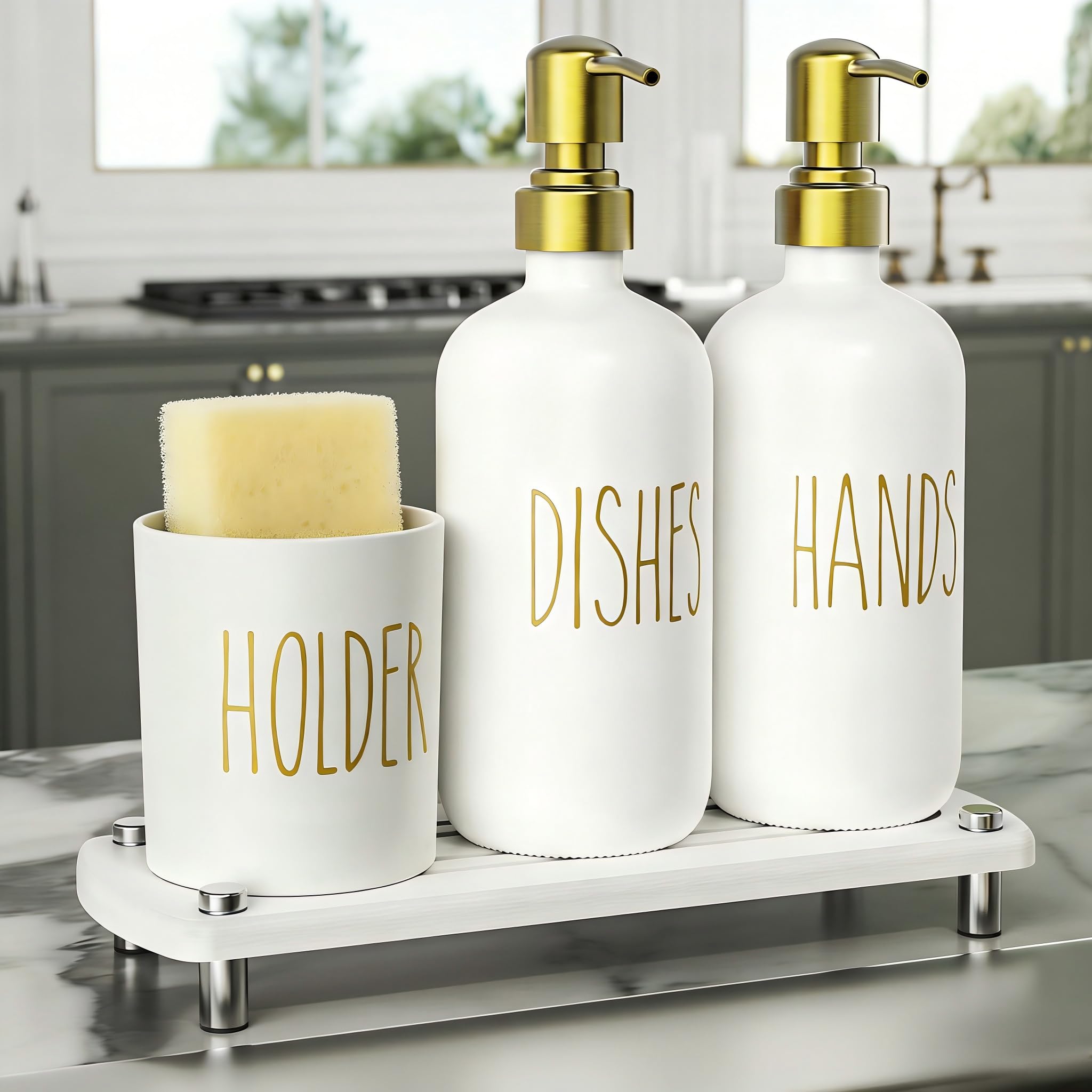 Cisily Kitchen Soap Dispenser Set Comes with Ceramics Sponge Holder, Gold Pumps, and Instant Dry Tray, Hand and Dish Soap Dispenser Set (4, Gold + White + Brush Holder)