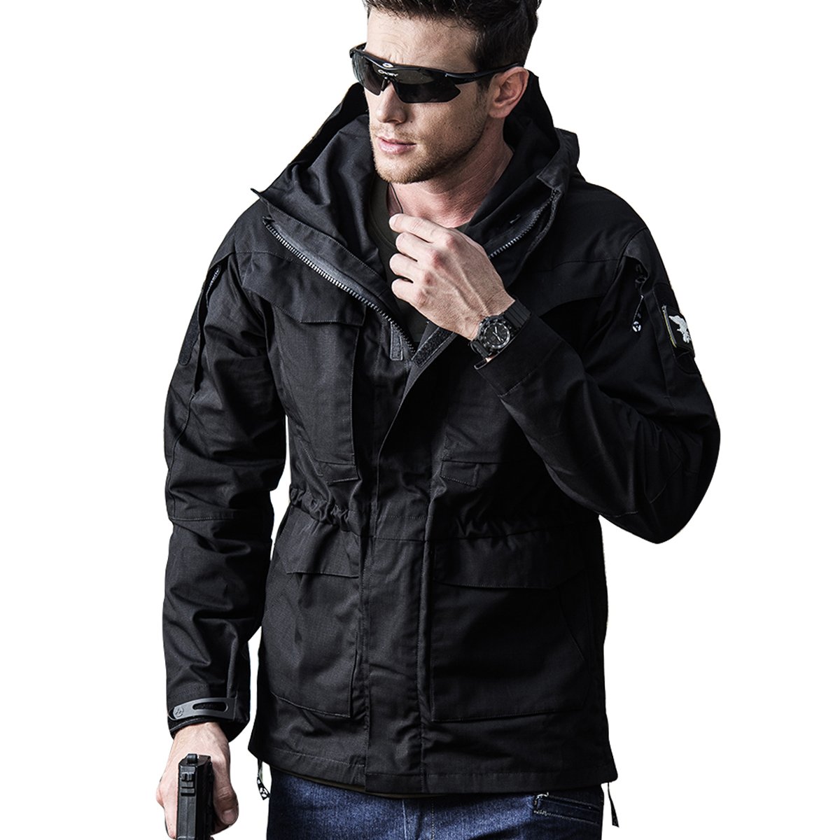 Men Army Tactical Jacket Military Black Coat Hooded Outdoor Windbreaker Big and Tall Casual Combat Waterproof Sport Soft Shell Coat Hiking Fishing Hunting Mountain Climbing（Black,L）