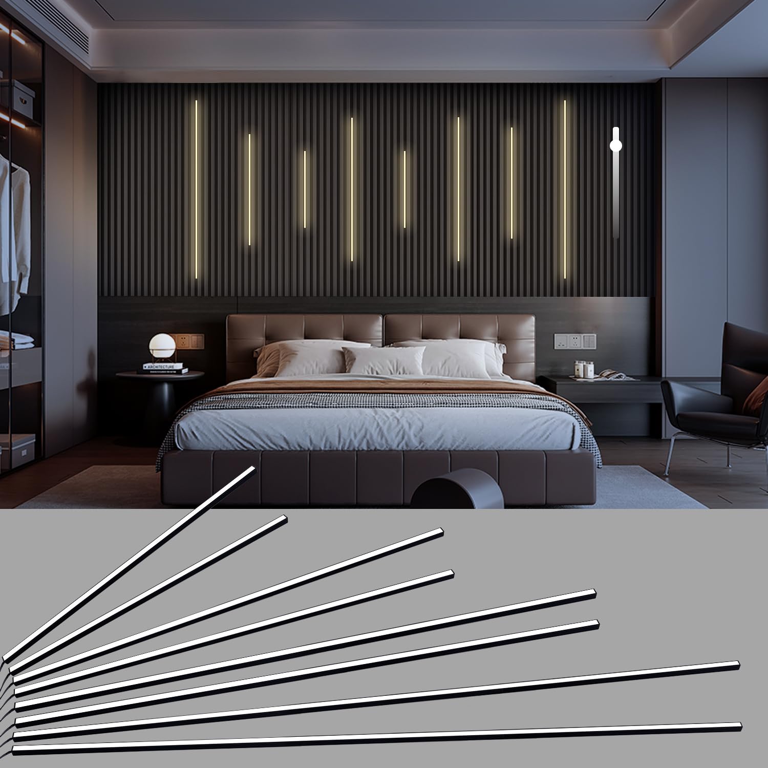 View 1 of **View Clerk Notes**HAMRVL Black LED Recessed Lighting Kit - 8 PCS 3000K Warm White LED Strip Lights with Touch Control, Dimmable Self-Adhesive Wall Panel Lights for Wood Slat Wall Panels, Under Cabinet (Milky Cover)