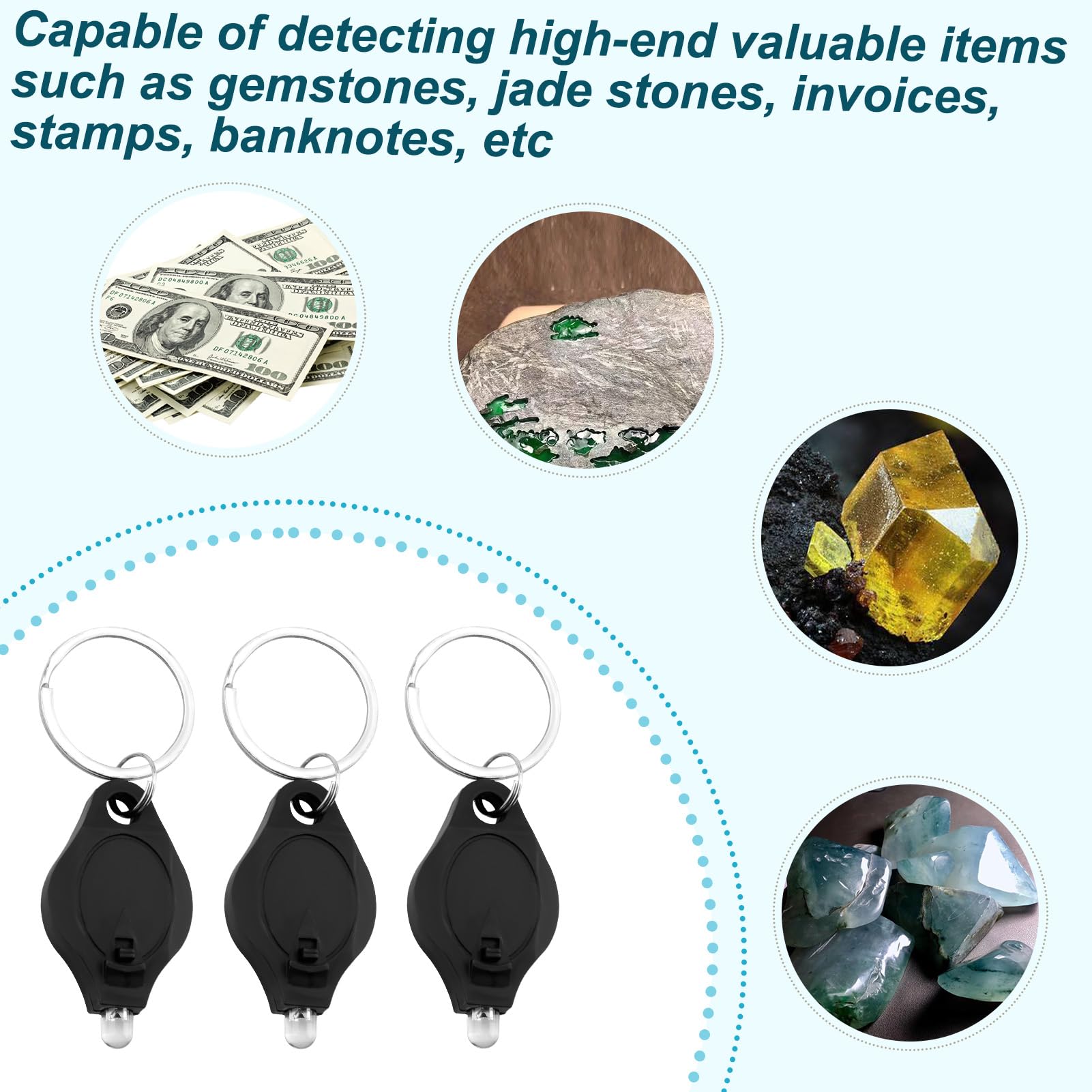 3PCS Note Checker Blacklight UV LED Mini Keychain Torches Watermark Money Checker Portable Pocket-Sized Flashlight for Paper Currency, Watermark Inspection, Multi-Functional LED Keyring Torch - Black - Image 4