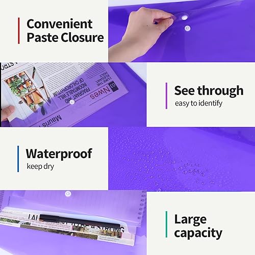 Miniatura 3 de Paquete de 6 sobres de plástico con cierre a presión, carpetas de archivos de plástico transparente para documentos para escuela, trabajo, oficina,