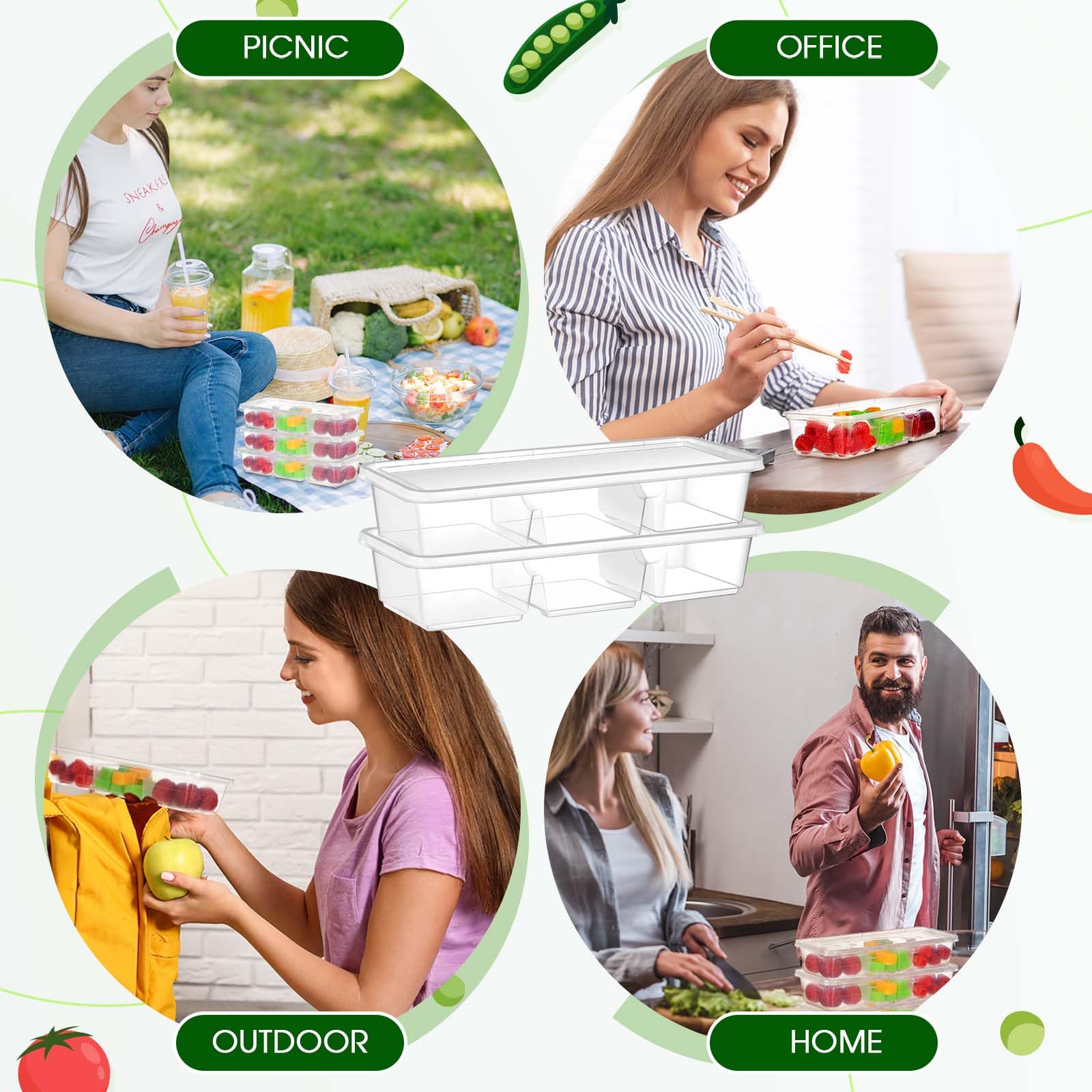 Pojemniki do przygotowywania posiłków, 5 opakowań 480 ml z 3 przegródkami, jednorazowe plastikowe pudełko bento, podróżne pojemniki na żywność na lunch, można układać w stos, do biura lub na piknik