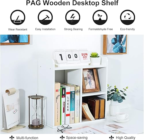 Vista 59 de PAG - Estantería de escritorio, librero ajustable para encimera, organizador de escritorio de madera para suministros de oficina, estante de Negro