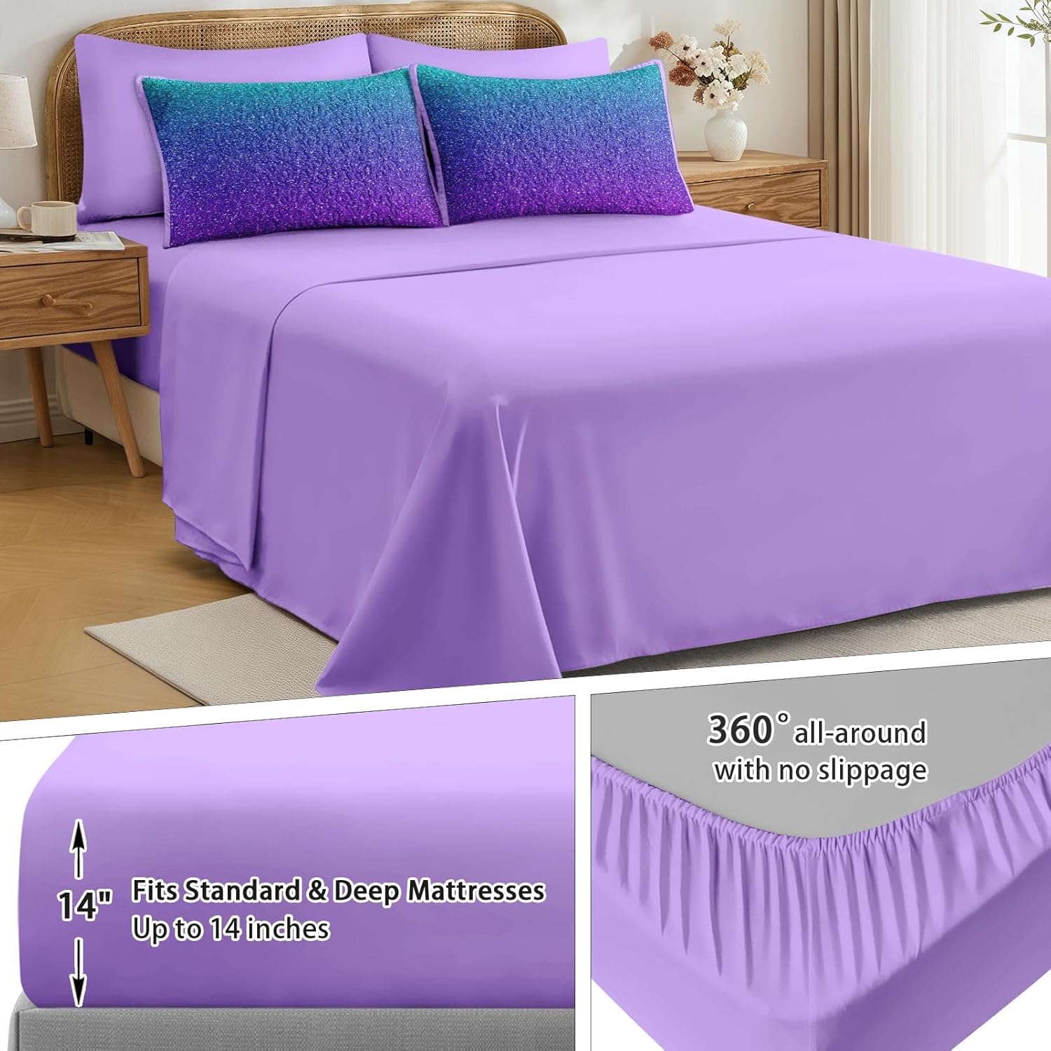 Pamnest 7 Pcs Quilt Set King Size, Colorful Girl Ombre Purple Glitter Soft Bed Cover Bedding Set for Kids and Adults, Neon Blue Teal Bedspread with Fitted Sheet 2 Pillowcases & 2 Shams for All Season