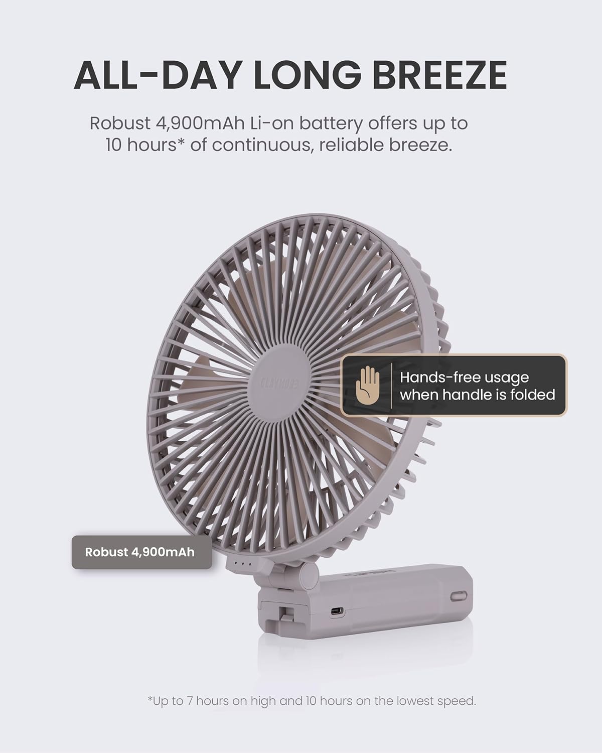Claymore Handy A (Gray) Portable Handheld Fan – BLDC Motor Foldable, 4,900mAh Rechargeable, USB-C Charging, 3 Speed Settings Function Personal Fan for Travel, Outdoor & Indoor Use. - Image 4