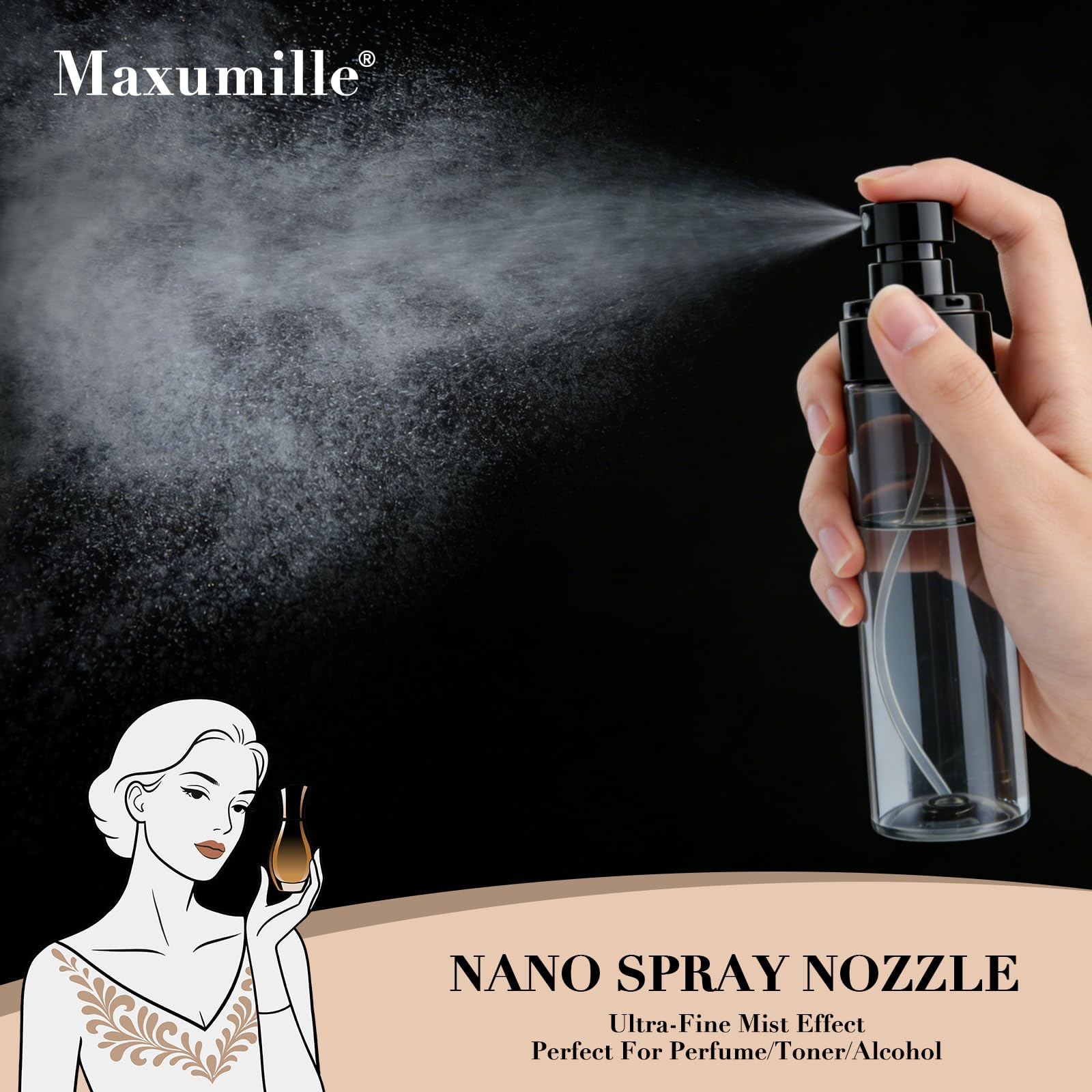 6 sztuk przezroczystych czarnych butelek z rozpylaczem 100 ml, małe, plastikowe butelki z rozpylaczem do napełniania, z naklejkami i lejkiem, puste butelki z rozpylaczem wielokrotnego użytku