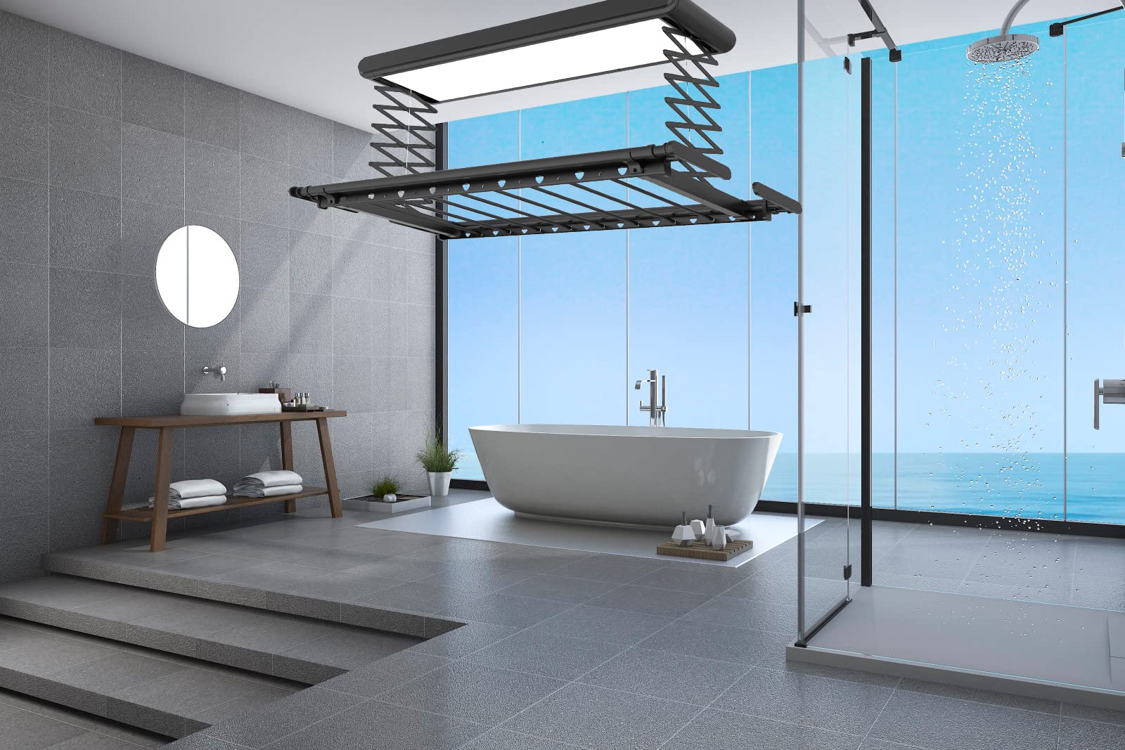 Elektrischer Wäscheständer, Hebender wäascheständer Decke, Elektrischer Deckenwäschetrockner, Kleiderstange 1,3-2,3 m, mit Fernbedienung + LED-Beleuchtung + 1,3 m elektrische Hubhöhe-Silver