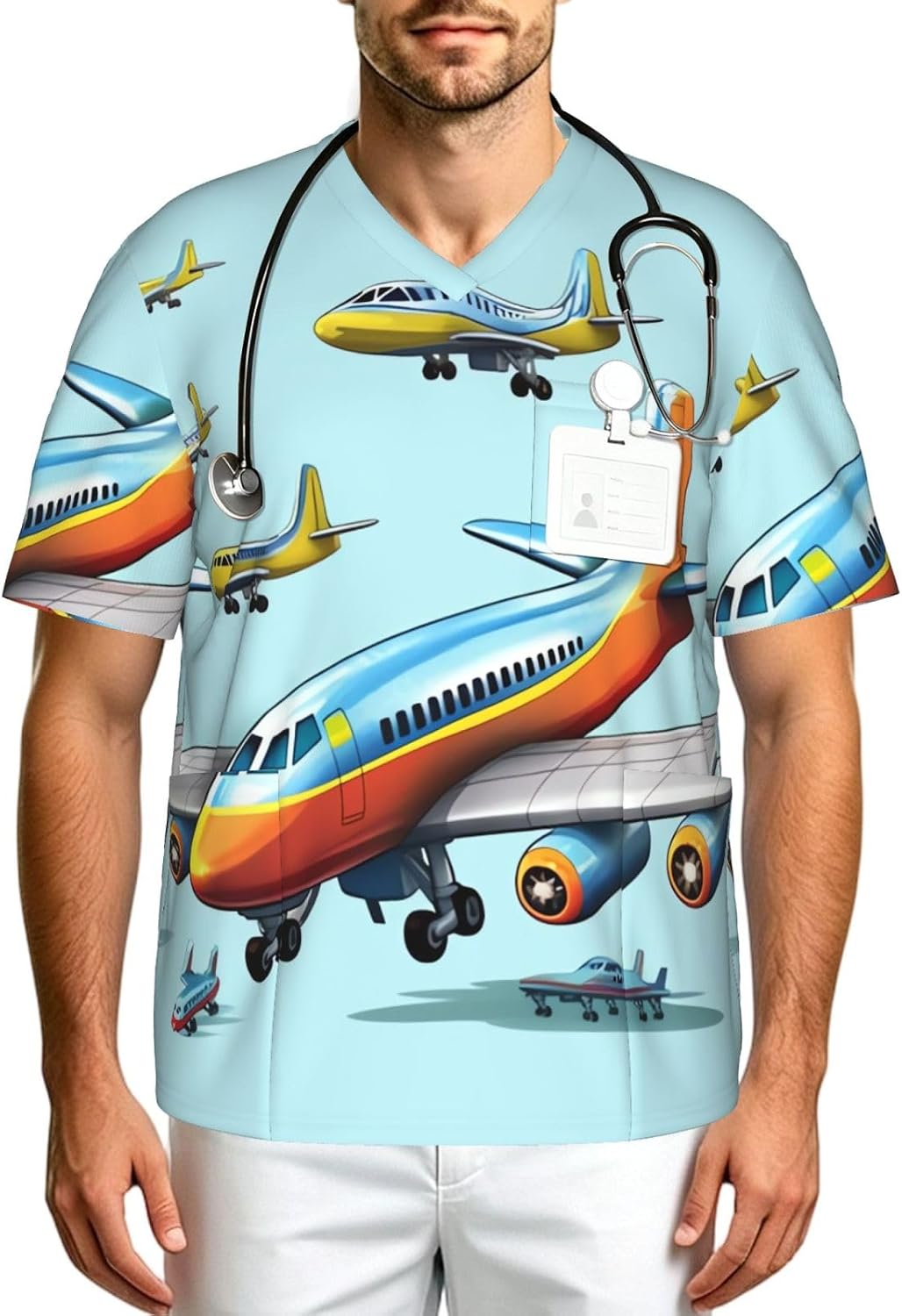 Professional Scrub Tops for Men, Classic V-Neck Workwear with 3 Pockets