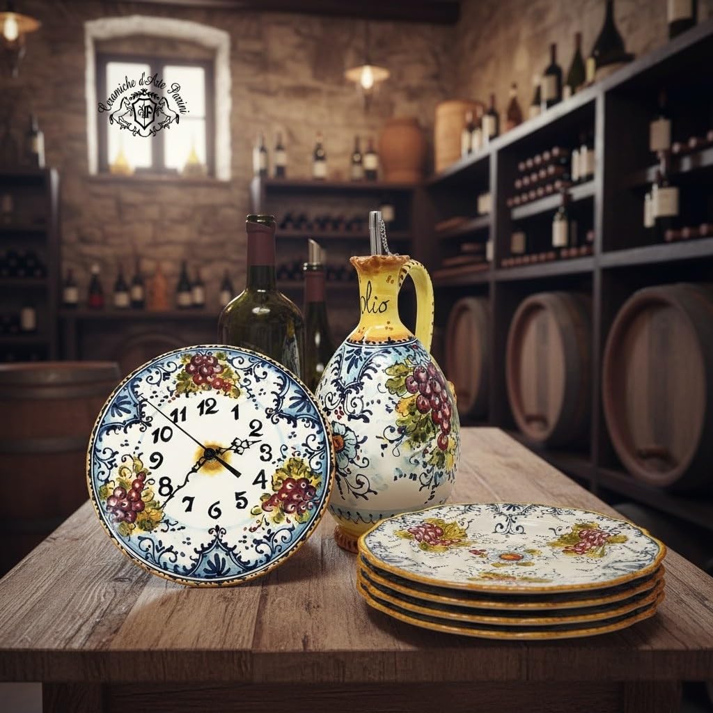 CERAMICHE D'ARTE PARRINI - Italian Ceramic Art Pottery Vinegar Cruet Bottle Dispenser Hand Painted Decorated Grape Montalcino Made in ITALY Tuscan Florence