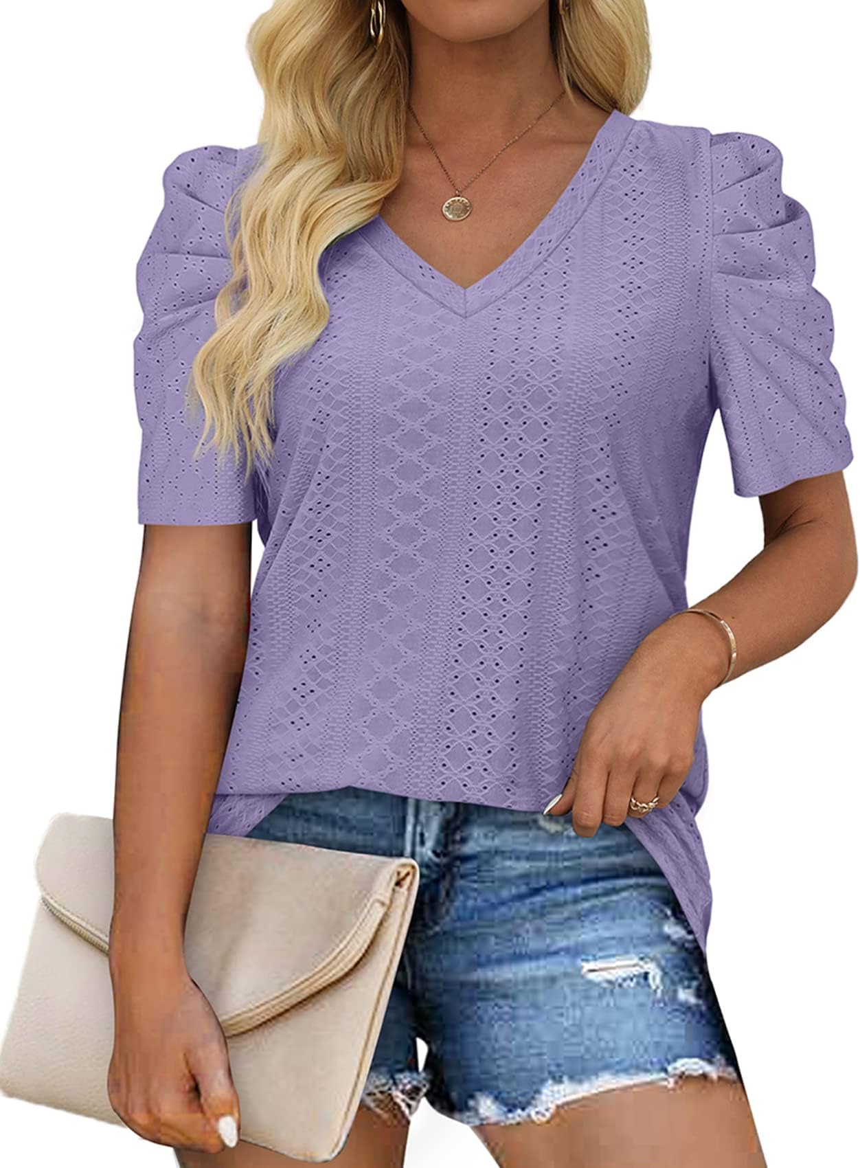 XIEERDUO Women's Summer Tops Trendy V Neck T Shirts Puff Sleeve Casual Flowy