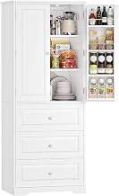 FOREHILL Kitchen Cupboard Tall Kitchen Cabinet with 2 Storage Doors White | Pantry Cupboard Free Standing, Sideboard Storage Cabinet, Adjustable Shelves, 3 Drawers, Magnetic Doors, 60 x 40 x 150 cm