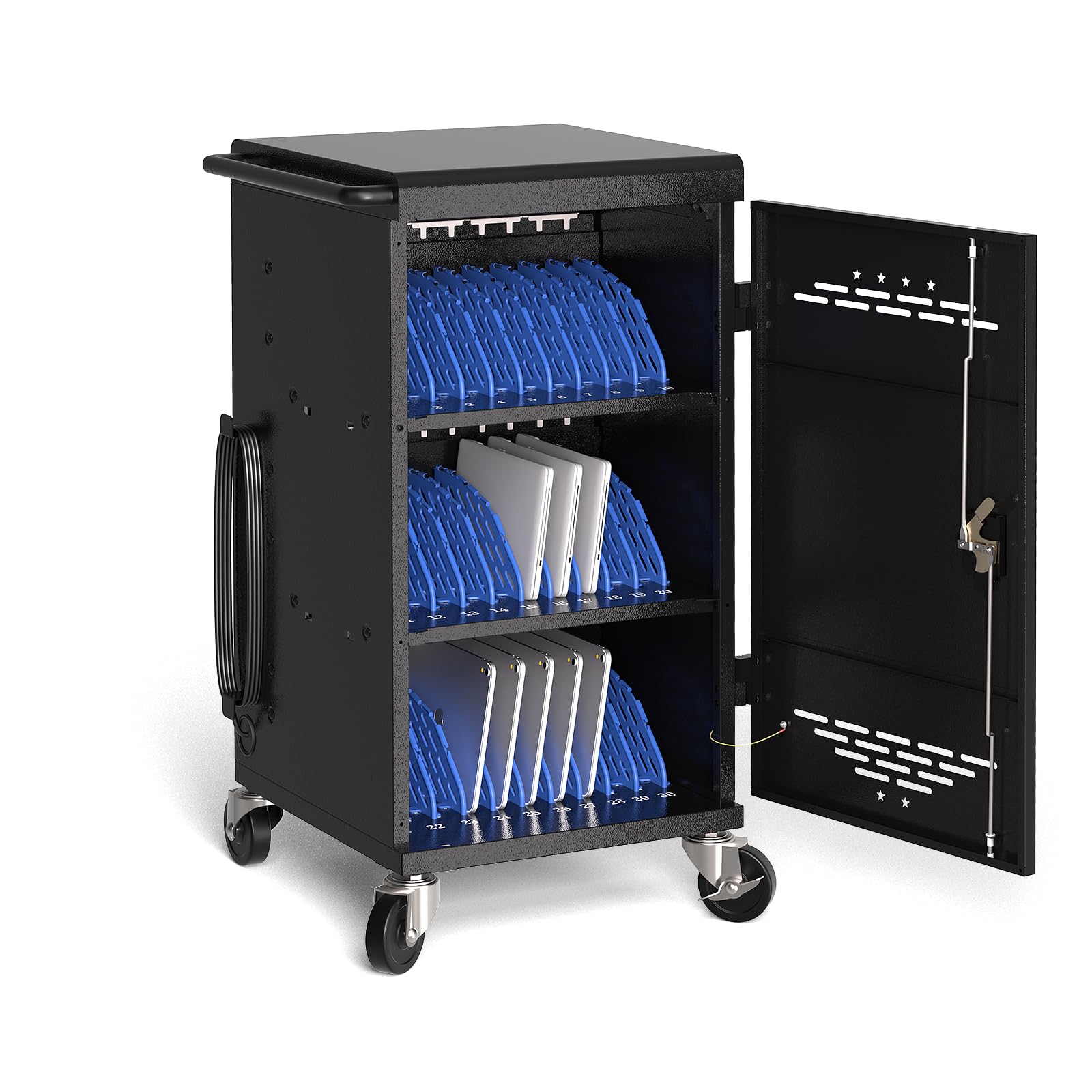 Metateel Laptop Charging Cart,30 Charging Station for Chromebook and iPad - Black Computer Charging Cart with Cable Management & Charger Organization for School Classroom & Office, Assembly Required