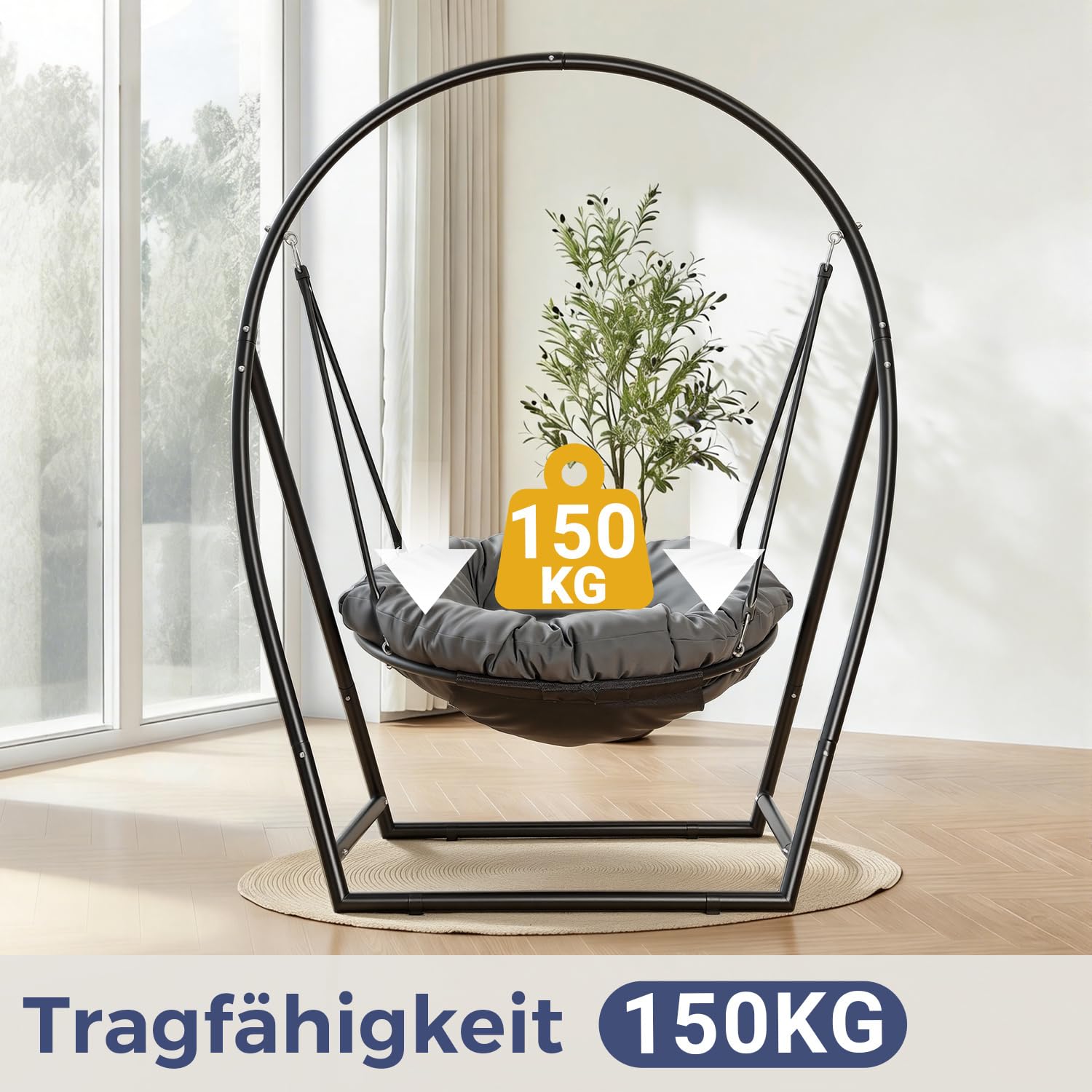 Hängesessel mit Gestell, Runder Hängesitz für Indoor und Outdoor, mit Großem Sitzkissen 100cm, Höhenverstellbar, bis 150kg Belastbar, Schwarz