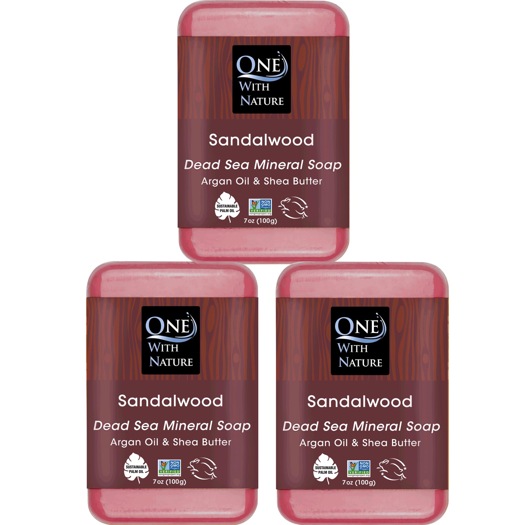 One With Nature Dead Sea Salt Sandalwood Soap 7oz 3-Pack – Purifying and Exfoliating Soap Bar with Dead Sea Minerals and Sandalwood for Face & Body,