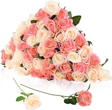 48 Pcs Silk Purple Rose Bouquet Bridal Artificial Flowers, Fake Rose Long Stem Realistic Artificial Flowers for Wedding Arrangement Centerpiece Party Decor 24 Champagne, 24 Pink