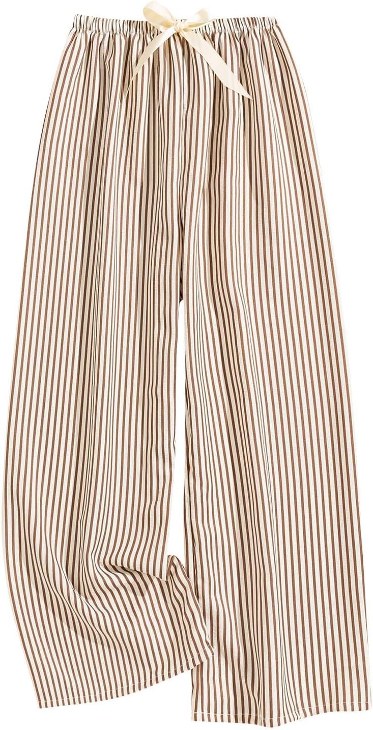 Womens Linen Loose Vertical Stripe Straight Leg Plants Mid Waist Elastic Waist Flowy Casual Versatile Trousers