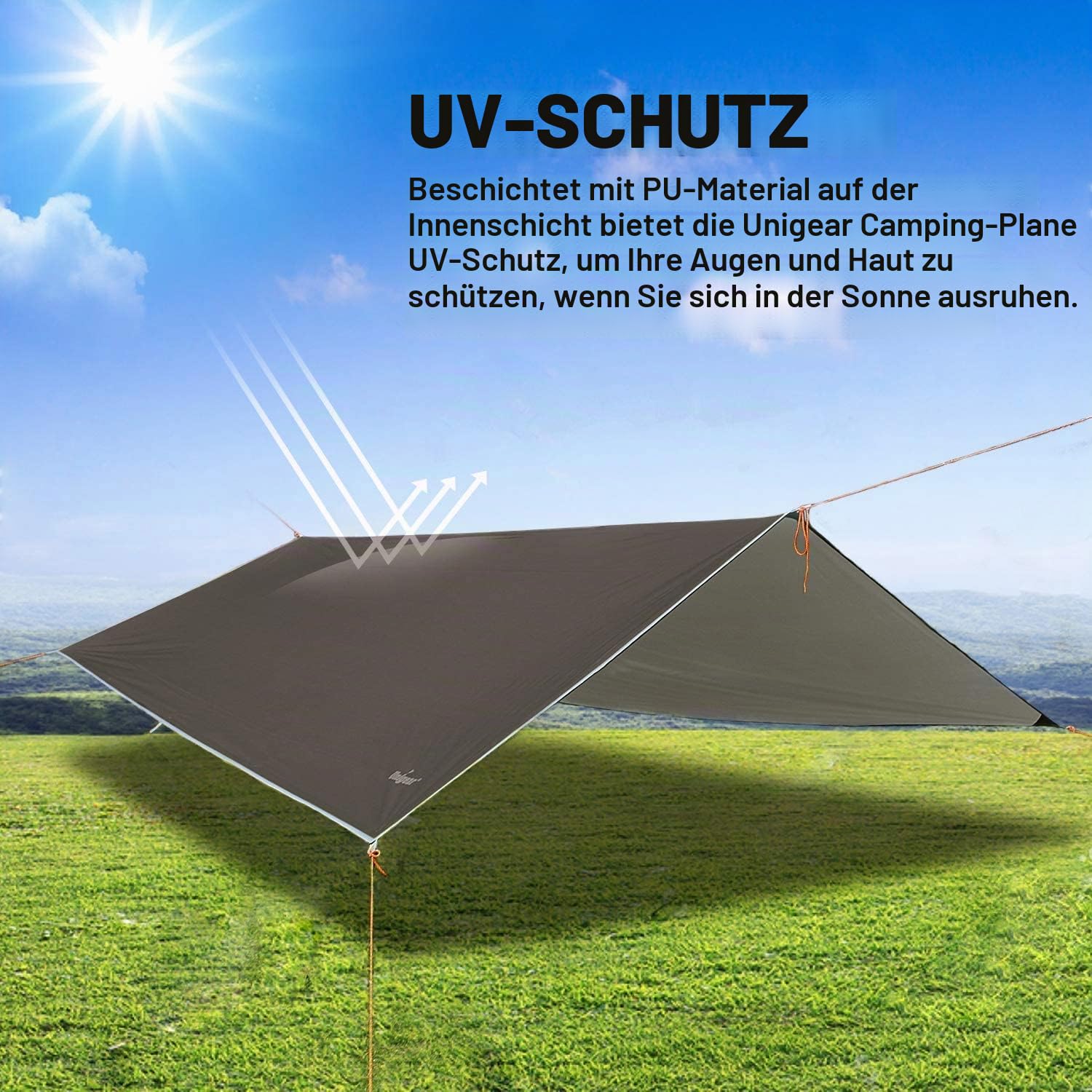 Unigear Tarp 3x3 3x4 3x5 4x4 wasserdicht, Zeltplane für Hängematte mit Ösen + 6/8 Erdnägel + 6/8 Seilen, Regenschutz Sonnenschutz kompakt für Ourdoor Camping Wandern Hängematte