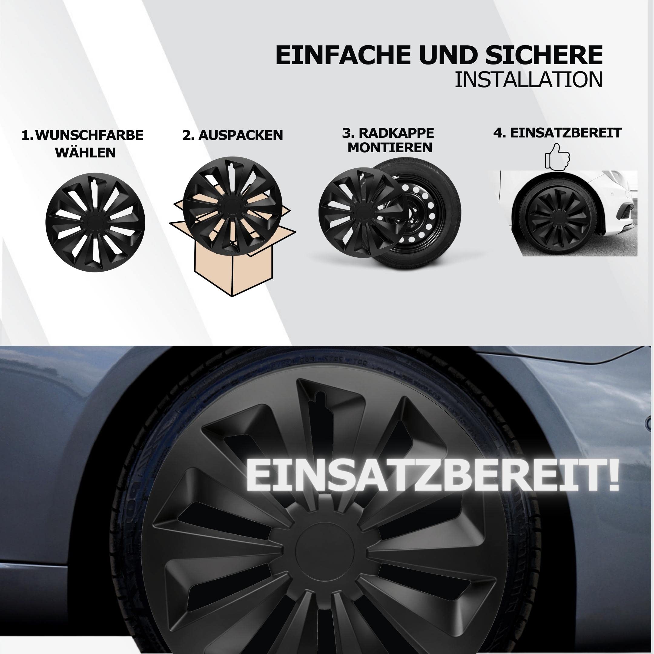 Radkappen 16 Zoll Schwarz Radzierblenden 4er-Set The Rock für Stahlfelgen | Zierkappen, Radblenden & Felgenabdeckung, rostfrei & witterungsbeständig, einfache Clip-Montage, für die meisten Automarken