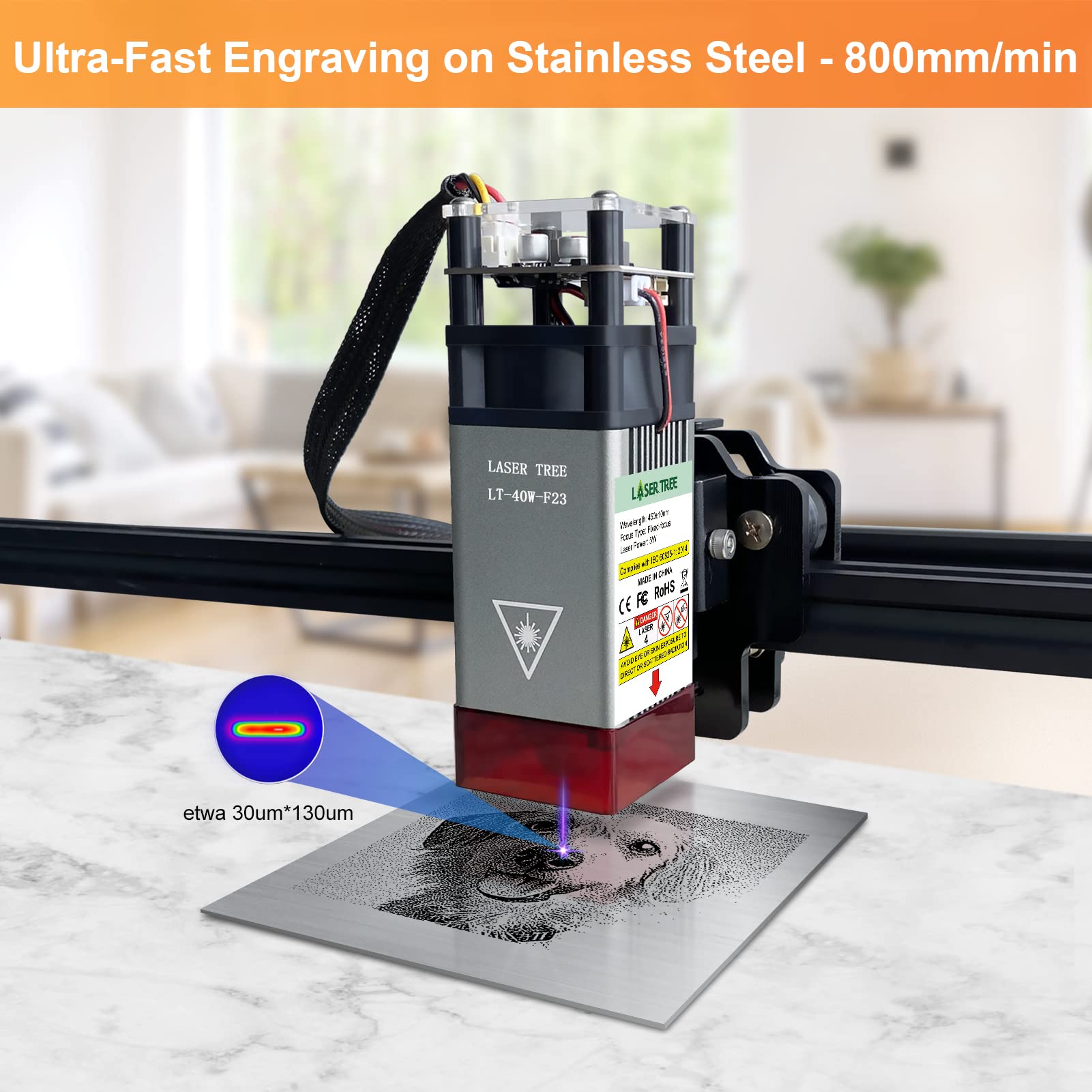 Aufgerüstetes Lasermodul-Kit, LASER TREE 23mm Fixfokus Balance Gravier und Schneidkopf, Lasergraviermodul 5W optische Leistung mit Metall-Windschutzhaube für Lasergraviermaschine, 12V