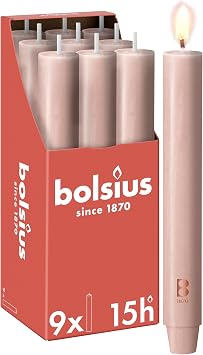 Bolsius - Tapered Candle XL Rustic - 23 x 3 cm - Light Pink - in Box of 9 - Length Burning Time 15 Hours - Unscented - Contains Natural Plant Wax - Without Palm Oil