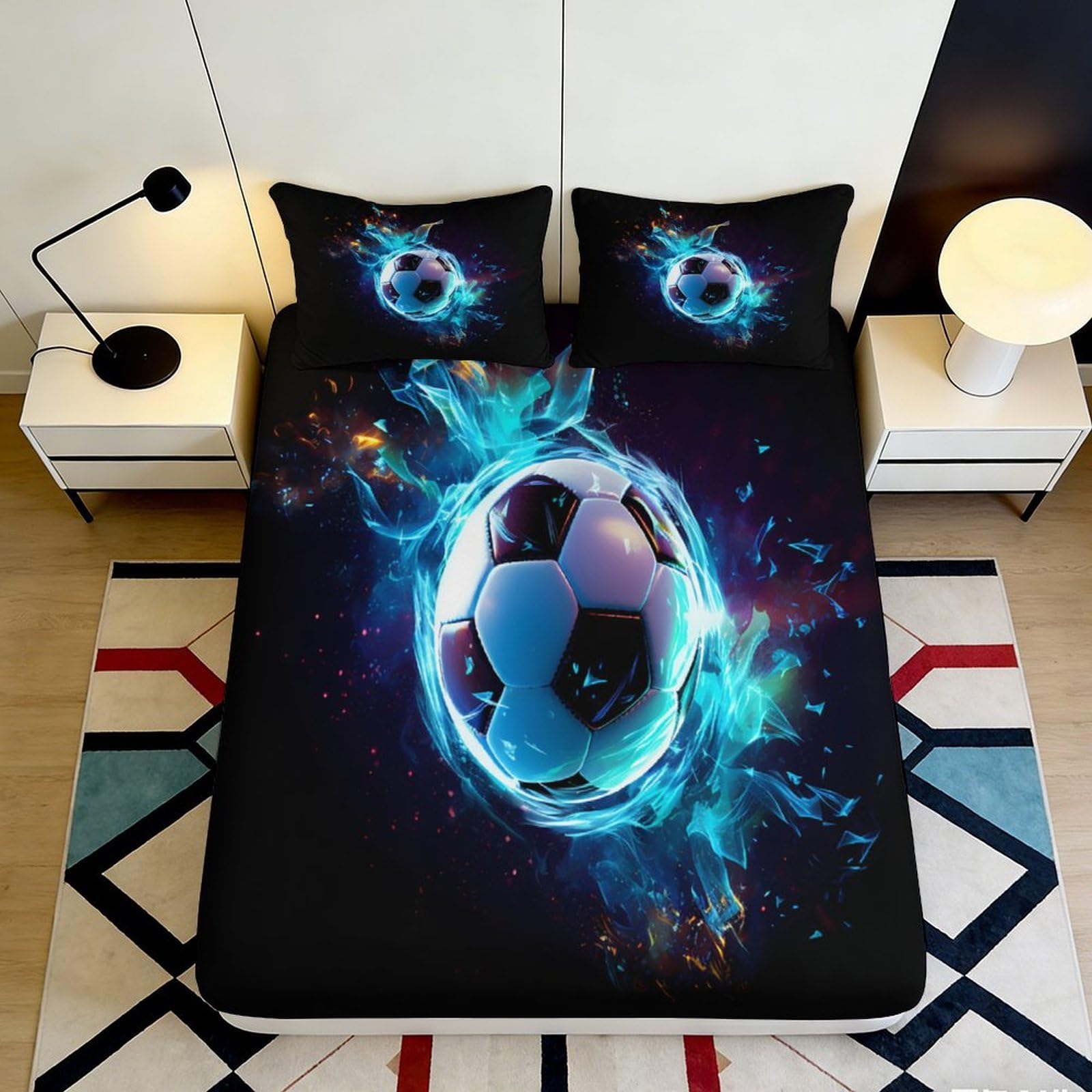 3D Printed Blue Fire Soccer Fitted Sheet Microfiber Mattress Cover for Bedroom Decor Dorm Youth Adult Bed Protection 120x200x25cm