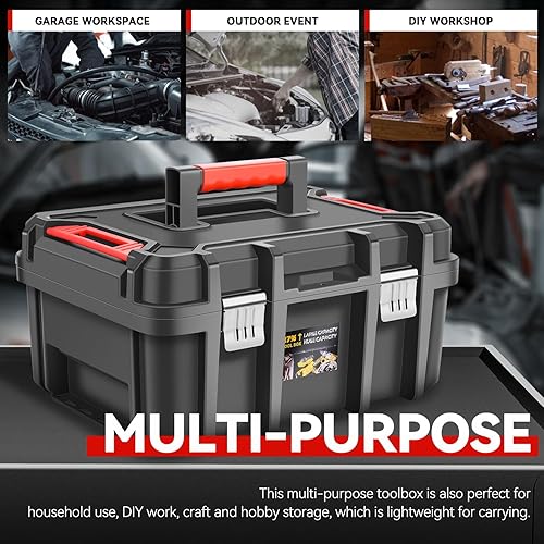 Miniatura 4 de Auto Dynasty Caja de herramientas organizadora de 17 pulgadas, cajas de herramientas con bandeja extraíble y asa portátil para garaje, taller,