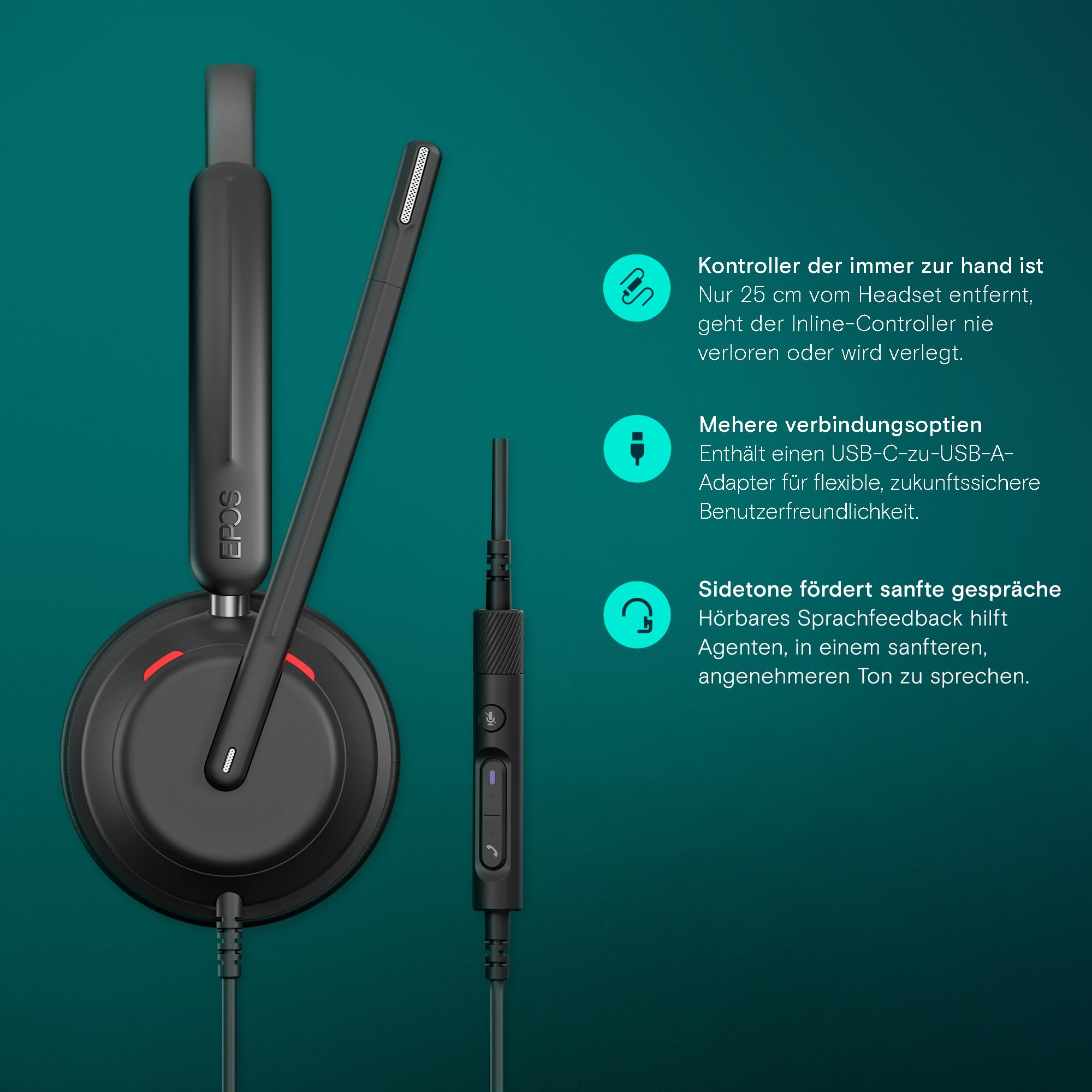 EPOS IMPACT 730T - Mono kabelgebundenes USB-C & USB-A-Headset für PC mit Noise-Cancelling-Mikrofon, Microsoft Teams zertifiziert, In-Line-Steuerung, bequeme Passform, ideal für Büro- & Remote-Arbeit