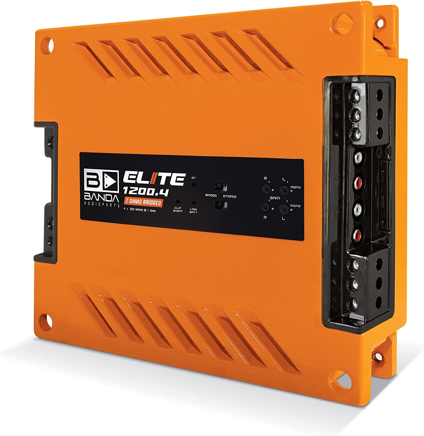 4-Ch. Vehicle Audio Bass Amplifier - 300W D Class High-Powered Mono Bass Amp w/Subsonic & Low Pass Filters Stable @ 2 Ohms, LED Indicators, Sound Specialization, Orange - BANDA 1200.42OHMORANGE