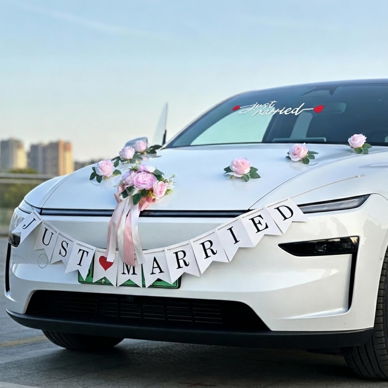 9 Pcs Wedding Car Decoration Hood Garland – Peony & Rose Floral Garland with Satin Ribbons, Flowers Bouquet, Just Married Sticker Banner, Elegant Bridal, Wedding Decor Accessories ,Photo Shoot (Pink)