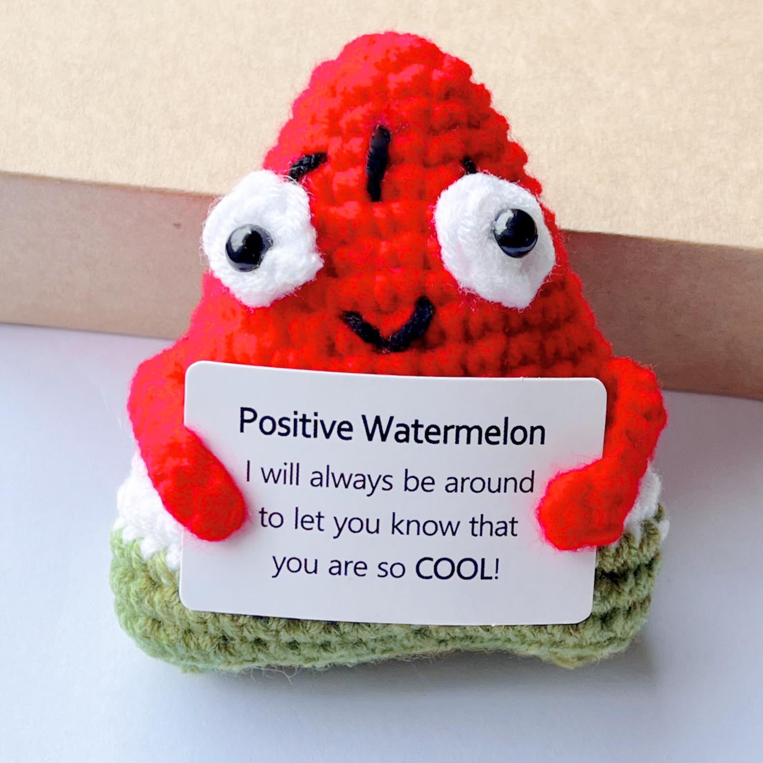 TAMDESG Positive Watermelon Funny Positive Crochet Emotional Support Handmade Knitted Doll with Encouraging Messages Support Gift for Birthday
