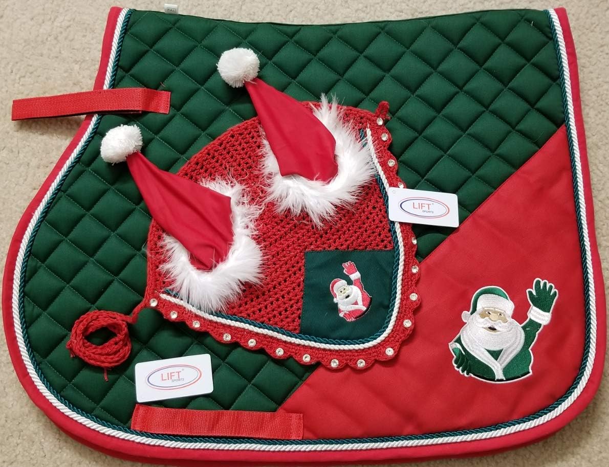 Horse Christmas Santa Claus Saddle PAD Set with Matching Fly Bonnet Ear NET Cotton Hand Made Crochet Fly Veil Hood MASK Equestrian Shows Breathable Cotton (Full/Horse)