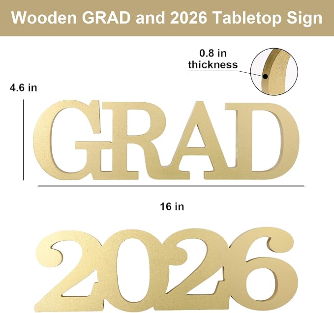 Decoración de graduación madera GRAD y 2026 dorado miniatura 3