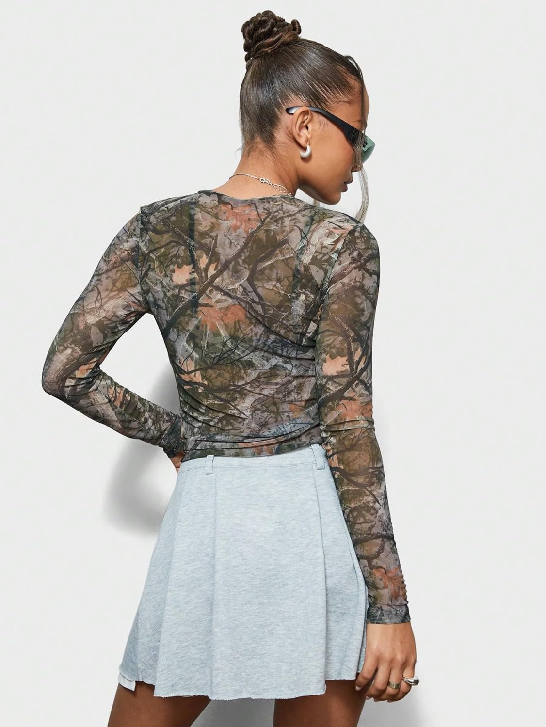 QJQ Women's Sheer Mesh Camo Print Tops Long Sleeve See Through Shirts Going Out Party Club Outfits - Image 2