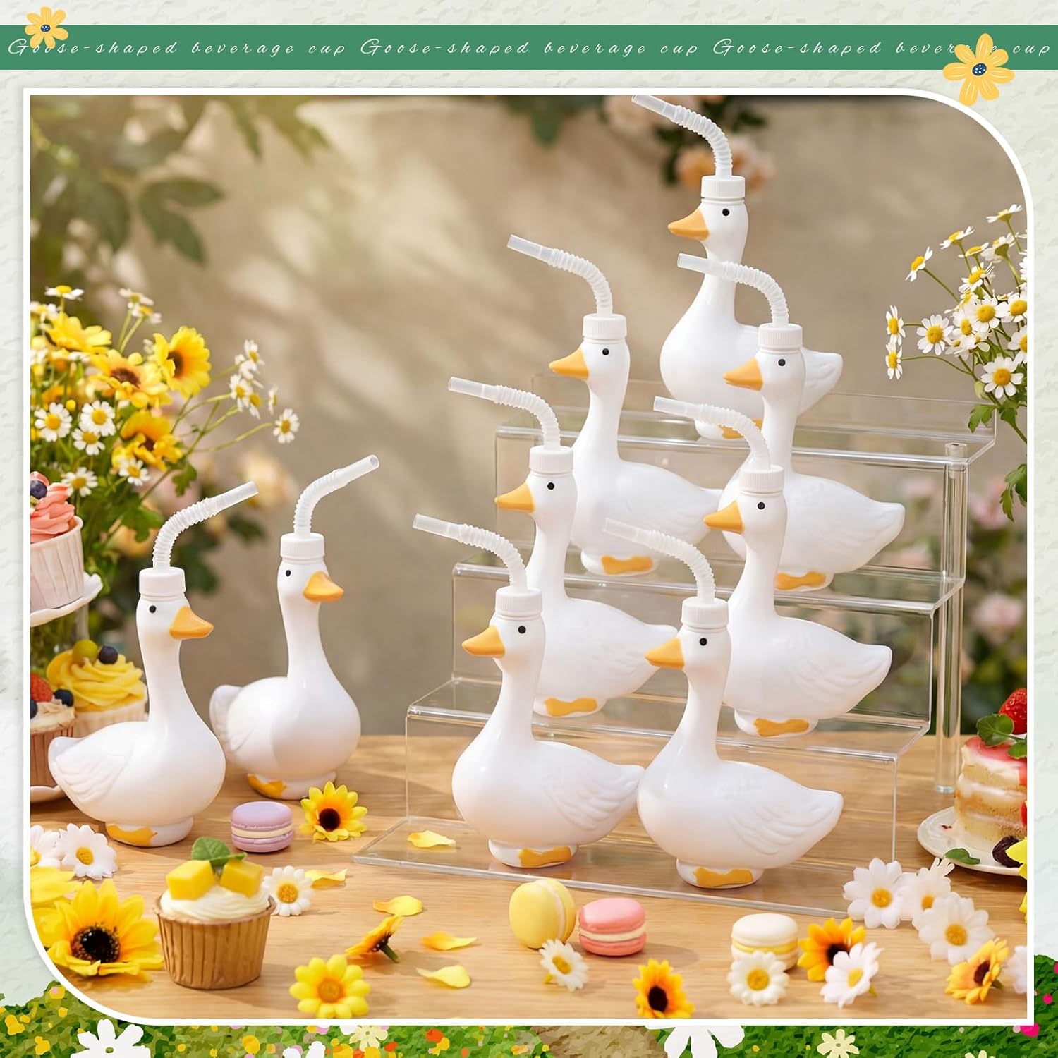 Roshtia 24 Pcs Goose Shaped Cup with Lid and Straw, Silly Goose Birthday Party Set 8 oz Plastic Drinking Cup Favor for Baby Shower Party Supplies Decorations