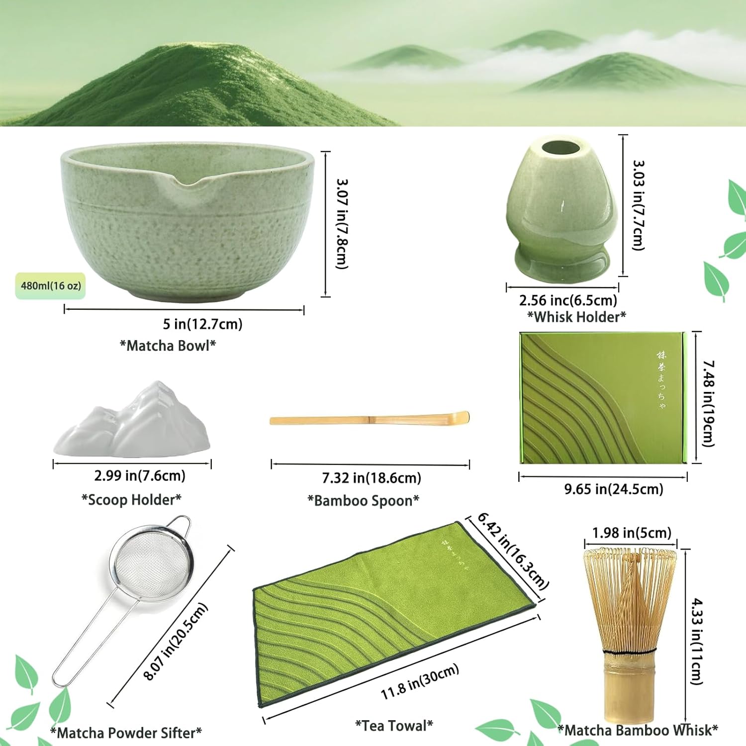 Matcha Whisk Set, 7 Pcs Matcha Set Includes Matcha Bowl with Spout, Bamboo Whisk, Holder, Stainless Sifter, Scoop and Rest, Rest, Tea Towel - Japanese Matcha Kit for Matcha Lovers, Family/Friend