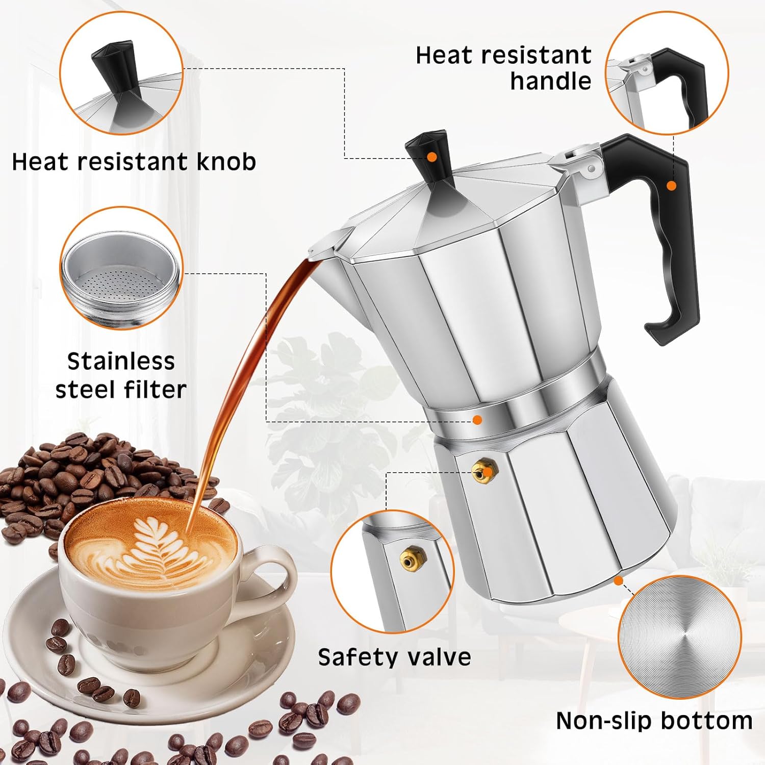 Pickmesh 4 Pcs Coffee Pot 6 Cup Electric Espresso Coffee Maker Set, 300ml Portable Cafetera Espresso, Espresso Coffee Machines, Electric Moka Pot with Detachable Base, Coffee Gift for Home Travel