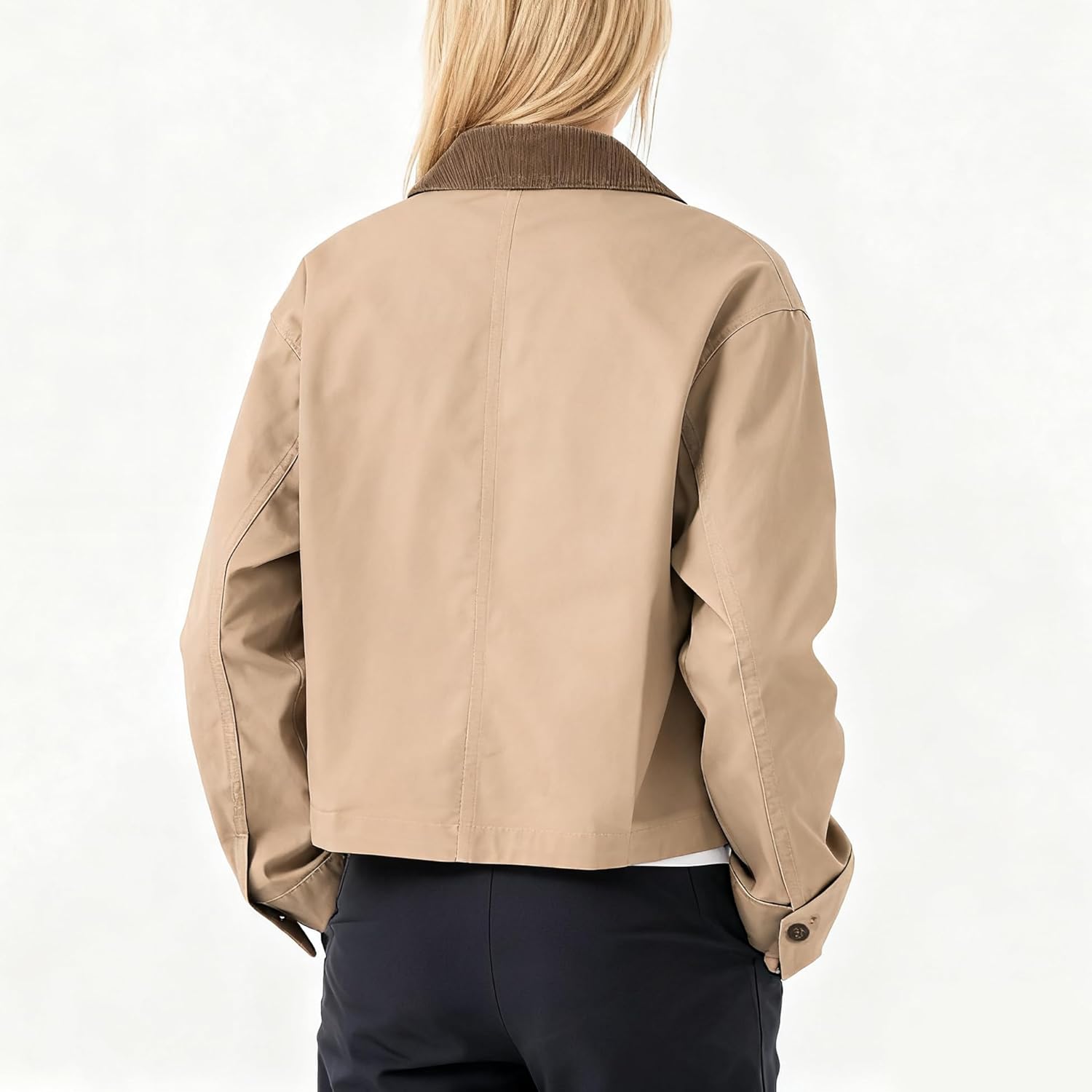 Womens Cropped Bomber Jacket Corduroy Collar Barn Coat Lightweight Utility Zip Up Cotton Canvas Workwear - Image 6