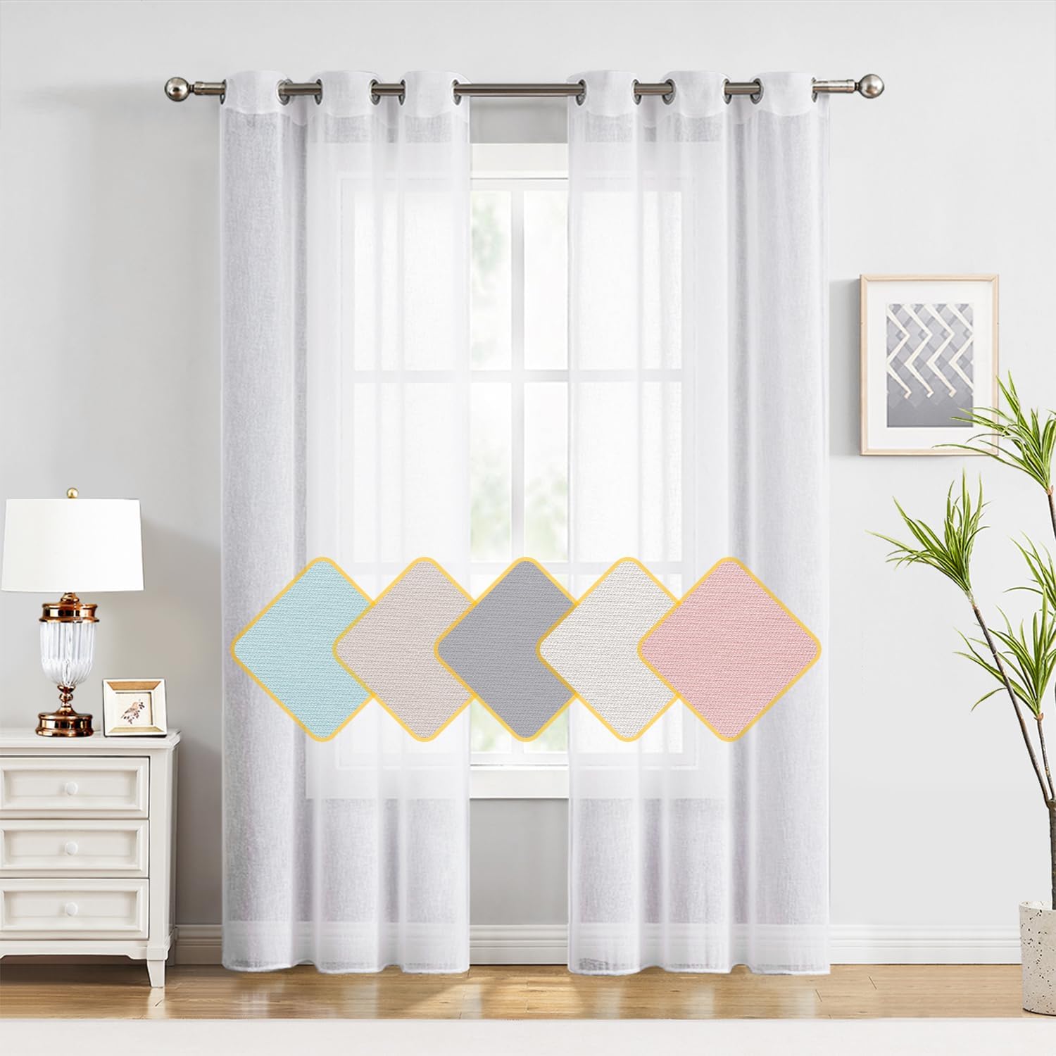 Fragrantex Faux Linen Sheer White Curtains for Living Room 108 inch Long Open Weave Farmhouse Window Drapers for Patio Door Light Filtering Voile Panels Grommet Top 40" W x 108" L Each Panel,2 Pcs