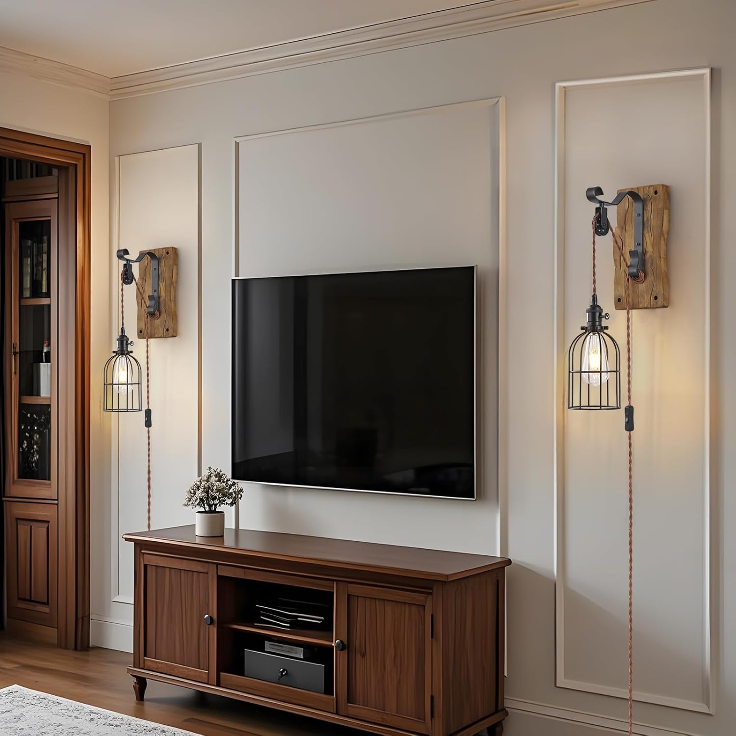 Vintage Wall Sconces Set of Two Plug in,Rustic Pulley Wall Lamps for Bedroom,Hanging Lights with 6.5ft On/Off Switch Cord,Black Rustic Wall Lamp for Bedroom Bedside Living Room Farmhouse Décor.