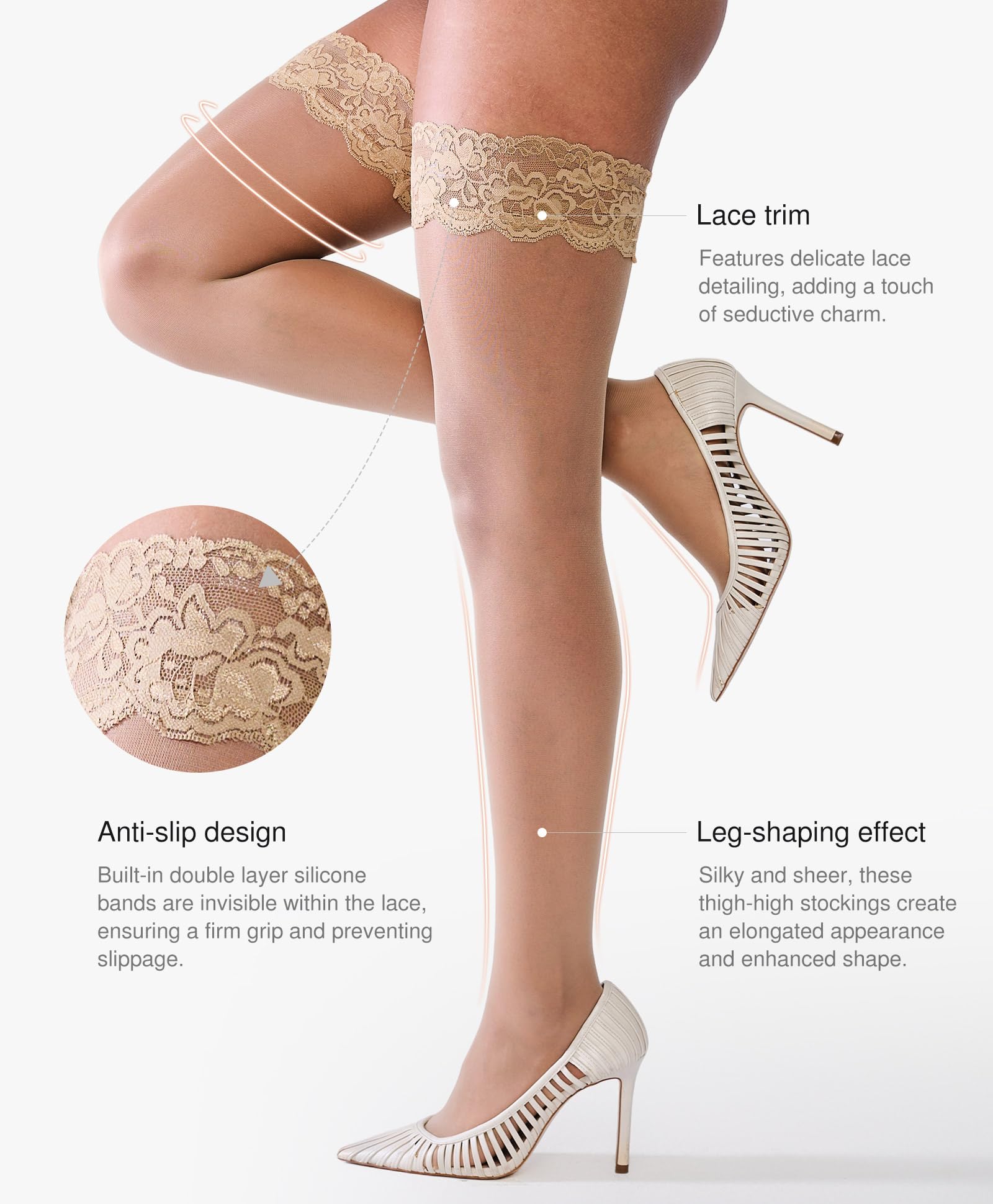 Popilush Thigh High Stockings Silicone Lace Top Stay Up Silk Sheer Pantyhose for Women: Nude Large